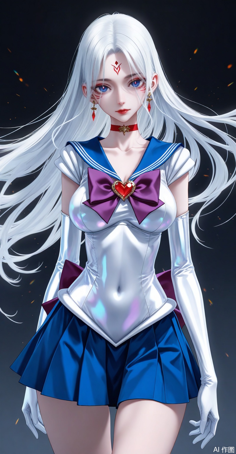 xiaobai,1girl,solo,facial mark,long hair,white hair,forehead mark,looking at viewer,lips,red lips,blue eyes,large breasts,1girl,sailor senshi uniform,solo,jewelry,skirt,gloves,earrings,blue skirt,white gloves,sailor collar,bow,breasts,choker,elbow gloves,magical girl,back bow,covered navel,pleated skirt,looking at viewer,brooch,purple bow,heart brooch,red choker,miniskirt,closed mouth,large breasts,collarbone,red gemstone,tiara,cowboy shot,close-up details,outstanding style,adding a touch of dimension to your images without compromising details,whirls of vapor,iridescent textures,(Anime:1.1),ethereal ambiance,delicate details,magical high-concept,32K UHD,sharp focus,best-quality,masterpiece,golden hour,unconventional supreme masterpiece,masterful details,temperate atmosphere,with a high-end texture,in the style of fashion photography,photography,cover,dynamic angle,dynamic posture,(artist:quasarcake:0.8),extreme aesthetic,(wlop:0.6),(honjou raita, lack, rella:0.5, wanke),masterpiece,best quality,good quality,very aesthetic,absurdres,visual impact,a shot with tension,ultra-high resolution,32K UHD,sharp focus,best-quality,masterpiece,emotionalization,unconventional supreme masterpiece,masterful details,temperate atmosphere,with a high-end texture,in the style of fashion photography,(visual impact:1.2),giving the poster a dynamic and visually striking appearance,impactful picture,official art,colorful,splash of color,movie perspective,masterpiece,best quality,amazing quality,very aesthetic,absurdres,best quality,newest,