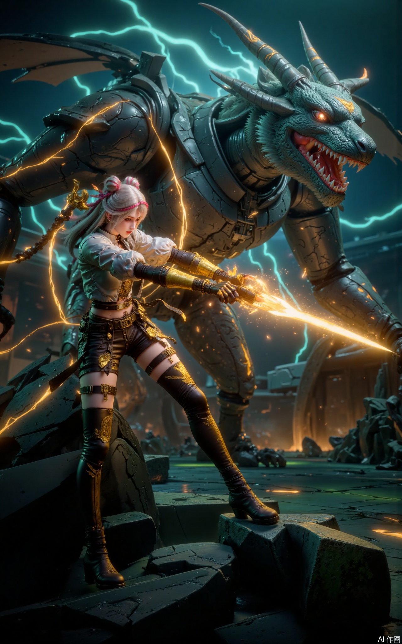 1 girl, solo, full body covered with golden nano armor, hair tips converted into data links, pupil projection combat power value (ATK 9999), suspended in the ruins of broken game servers, energy torrent, huge mechanical three-headed dragon mech as background.