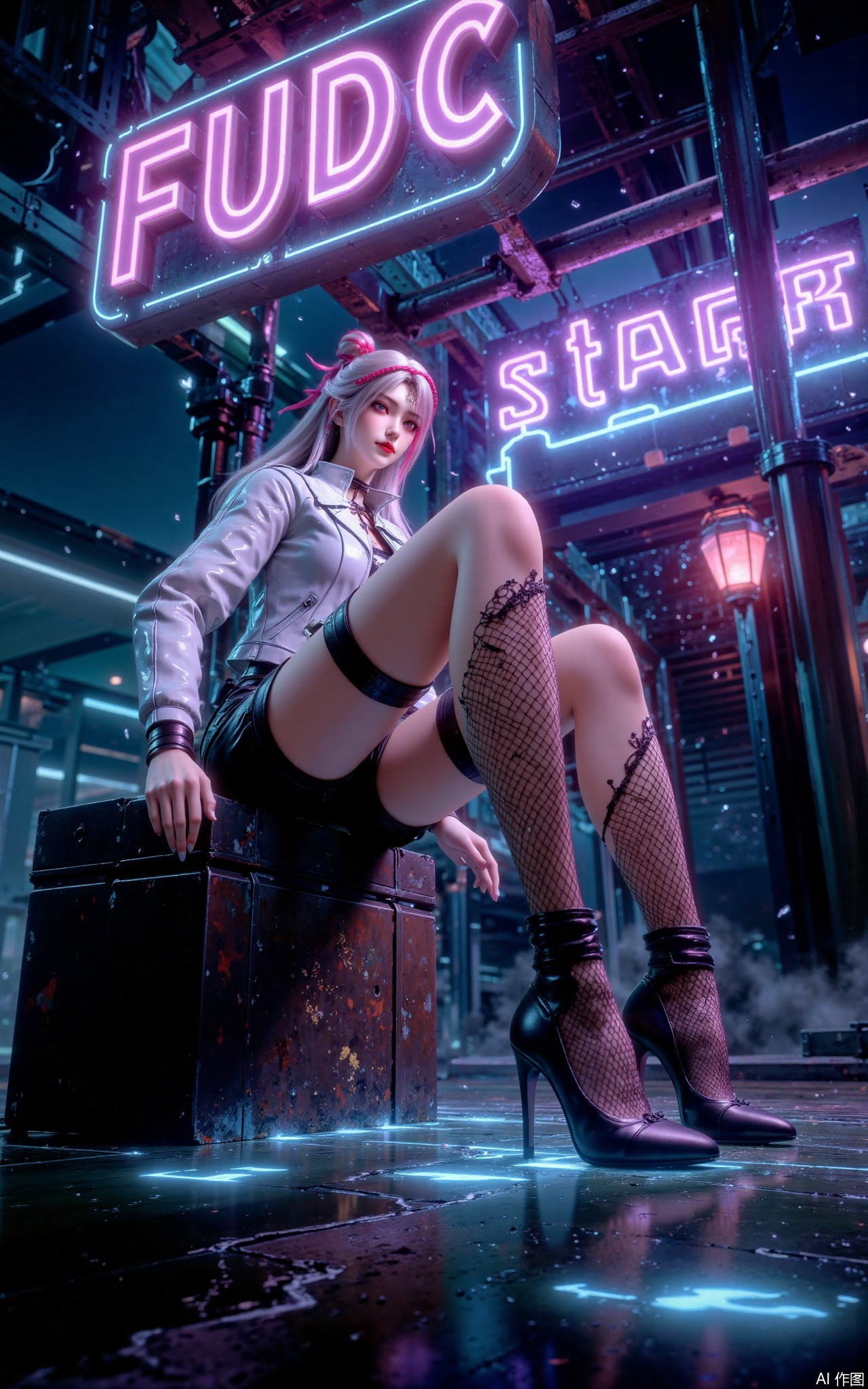 1 girl, solo, long gray hair, pink hair accessories, pink eyes, wearing a silver-white leather jacket and short skirt, sitting diagonally on the street iron box, showing her beautiful and slender thighs, wearing black fishnet stockings on her legs, and neon glaze light with folded neon glaze, and the cracks of the fishnet stockings reveal the blue texture of the sieborg blue. The tip of the high heels is nailed into the puddle, and the ripples are shattering the scarlet reflection. The background neon rainstorm poured: "FUDC" light sign melted into iridescent in the misty water vapor, and the purple and blue light storm over the rusty pipe mesh. The damp metal box exudes cold air.