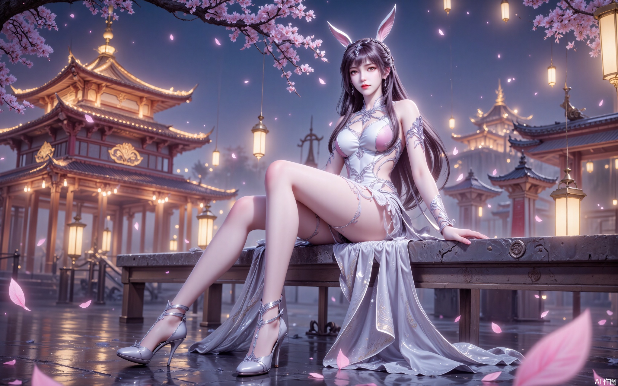 The image depicts a serene nighttime scene with a woman sitting on a bench. She is dressed in a white, ornate outfit with intricate designs, and her attire includes a headpiece resembling bunny ears. Her legs are crossed, and she is wearing high-heeled shoes. The background features traditional East Asian architecture, including pagodas and lanterns, illuminated by soft, glowing lights. The ground is wet, reflecting the lights, and there are pink petals floating in the air, adding a magical and dreamy atmosphere to the scene.