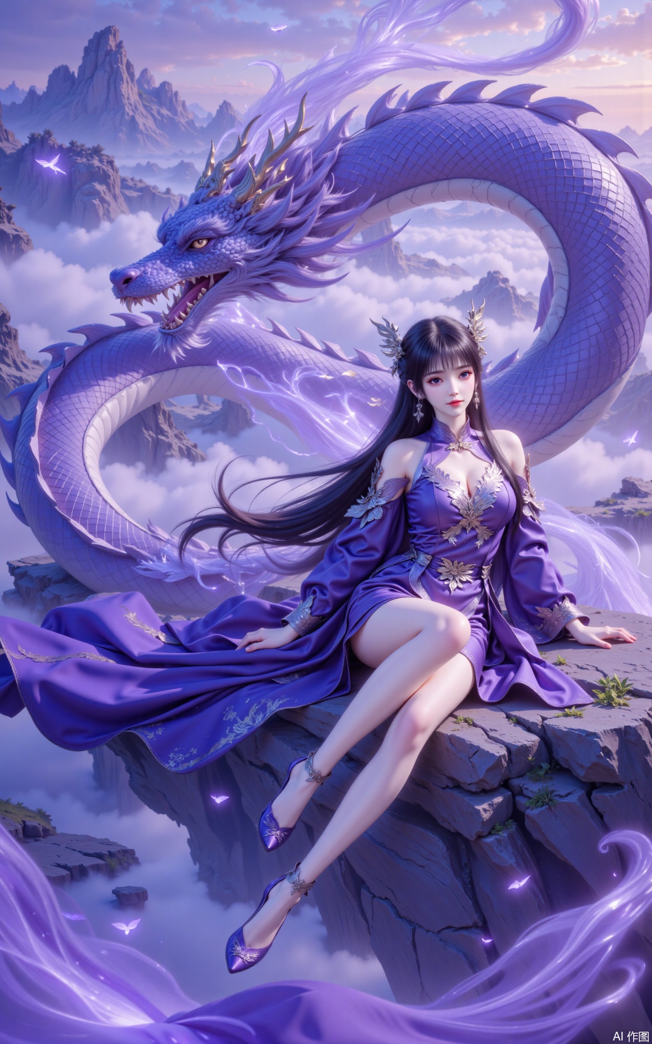 1 girl, solo, flowing long black hair, bangs, cool temperament, lying on the side on the rugged rocks, showing her beautiful and slender legs, with her legs intertwined. She was wearing a gorgeous purple robe, with deep satin light flowing as her clothes flew, and the gold-plated dragon scale patterns on her shoulders reflected the metal edge under the light and shadow. A purple Chinese dragon entrenched beside him, with a giant body and a tulle-like dreamy halo lingering on the surface of the dragon scales. A molten gold-like spirit leaps in the amber dragon's eyes, and the dragon's beards flutter lightly with the air waves. The background clouds and mist surged between the stacked mountains like tides, and the distant peaks appeared and loomed in the mist. The whole picture is immersed in the mysterious and profound purple tone - from the phantom of the dragon scales, the luxurious blue purple in the woman's robe to the hazy light purple in the mist, layer by layer. The cold black black of the mountain rock forms the finishing contrast with the dragon's molten gold spots, and the vast sky is filled with the charm of immortals beyond the world.