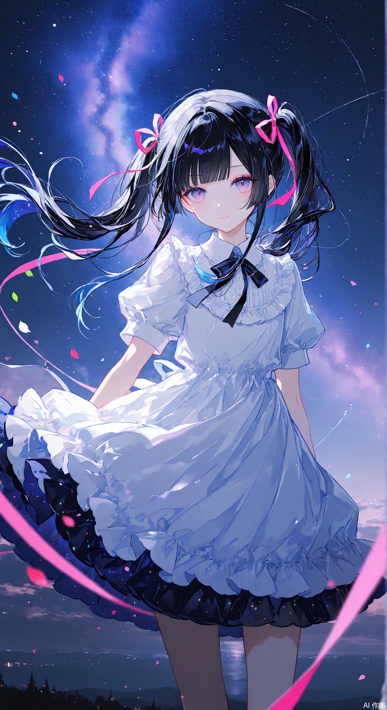 (Masterpiece), (Best Quality),(Chocoan:0.5),(Mika Pikazo:0.4),(Artist: sheya:0.5),(wlop:0.4),Illustration, Depth of Field, (Color),masterpiece,best quality,high quality,extremely detailed CG unity 8k wallpaper,extremely detailed,High Detail,vibrant colors,anime style,cover art,extreme aesthetic,masterpiece,best quality,good quality,newest,very aesthetic,absurdres,Visual impact,32K UHD,colorful,sharp focus,impactful picture,offcial art,
1girl, solo, long hair, looking at viewer, bangs, black hair, dress, ribbon, twintails, closed mouth, standing, purple eyes, hair ribbon, short sleeves, outdoors, sky, blunt bangs, white dress, blurry, night, floating hair, star \(sky\), night sky, starry sky