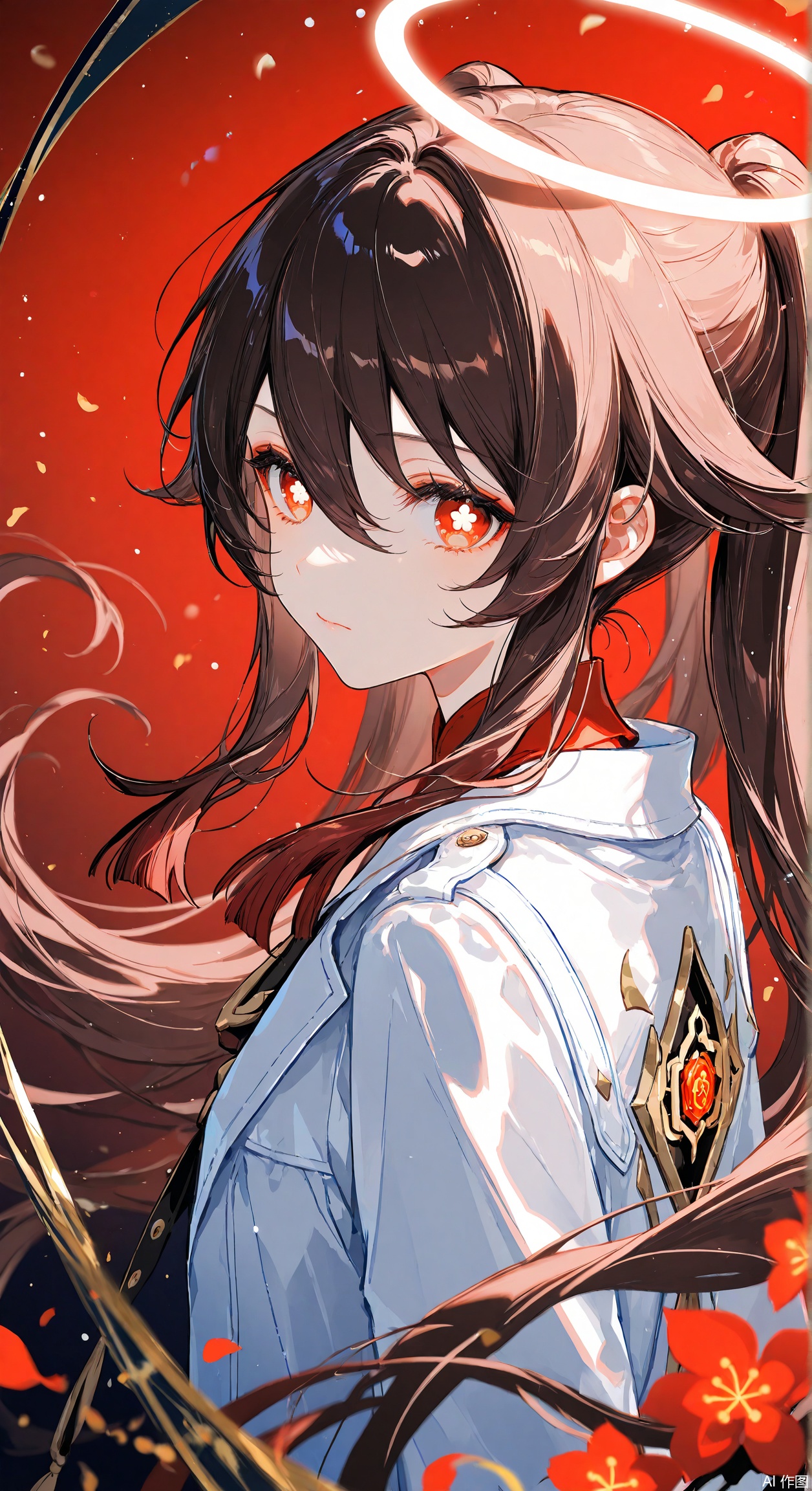 (Masterpiece), (Best Quality),(Chocoan:0.5),(Mika Pikazo:0.4),(Artist: sheya:0.5),(wlop:0.4),Illustration, Depth of Field, (Color),masterpiece,best quality,high quality,extremely detailed CG unity 8k wallpaper,extremely detailed,High Detail,vibrant colors,anime style,cover art,extreme aesthetic,masterpiece,best quality,good quality,newest,very aesthetic,absurdres,Visual impact,32K UHD,colorful,sharp focus,impactful picture,offcial art,
1girl, solo, long hair, looking at viewer, bangs, brown hair, shirt, red eyes, hair between eyes, closed mouth, jacket, upper body, sidelocks, from side, coat, symbol-shaped pupils, floating hair, halo, white jacket, red background, white coat, flower-shaped pupils, hu tao \(genshin impact\)