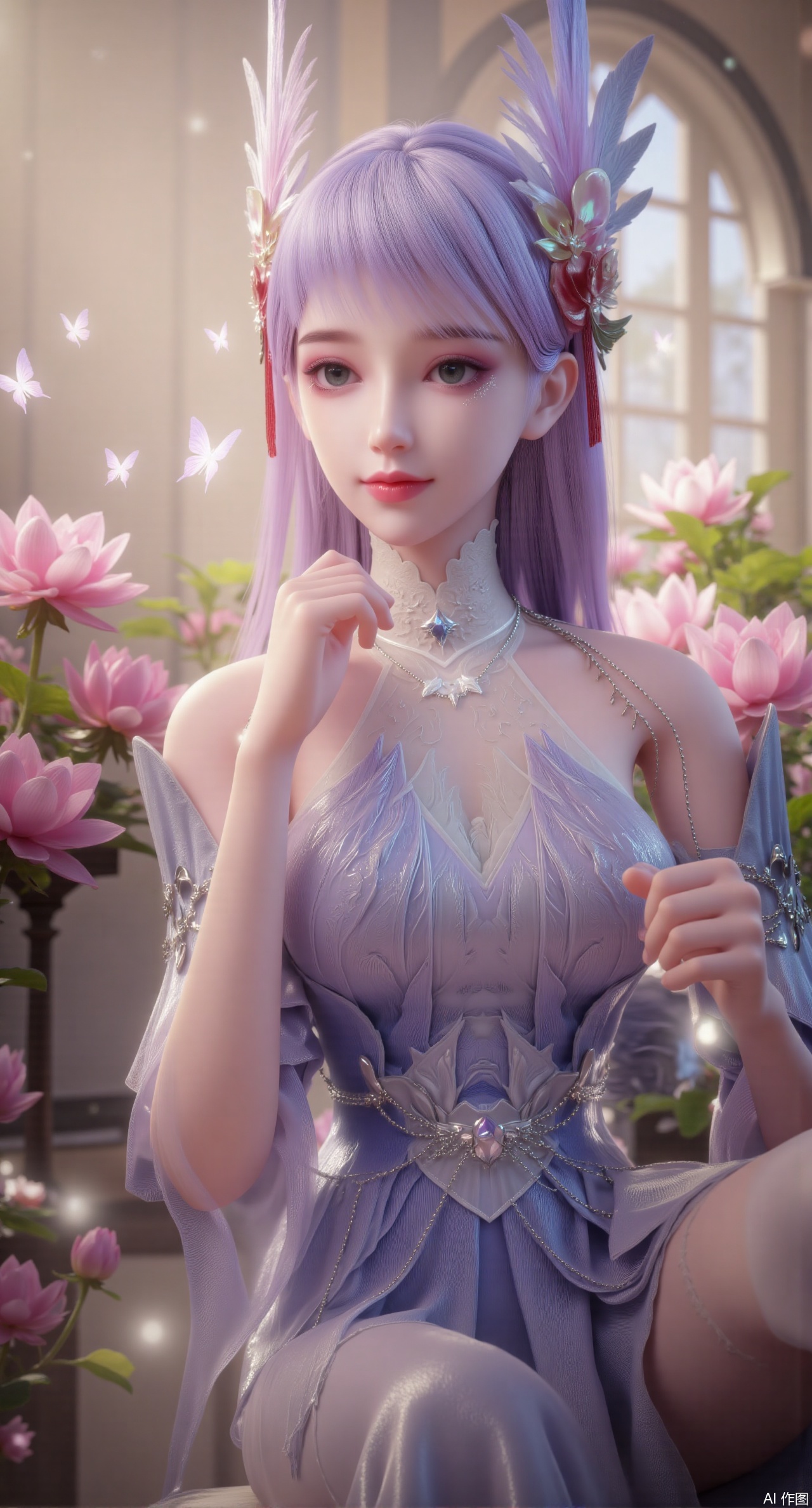 (masterpiece, best quality:1.2), highres, extremely detailed, 1girl,looking at viewer,indoors, (big breasts:2.69),Depth of field,garden of the sun,shiny,flowers, garden, 1girl, (Lotus:1.39), (butterflies, ultra detailed, glary,Light, light particles,glitter,reflect:1.29),Xdongjixiaofu,Xlanbaixiaofu,XkjwjlzyY,XLiquidGlass,XlinziyueY