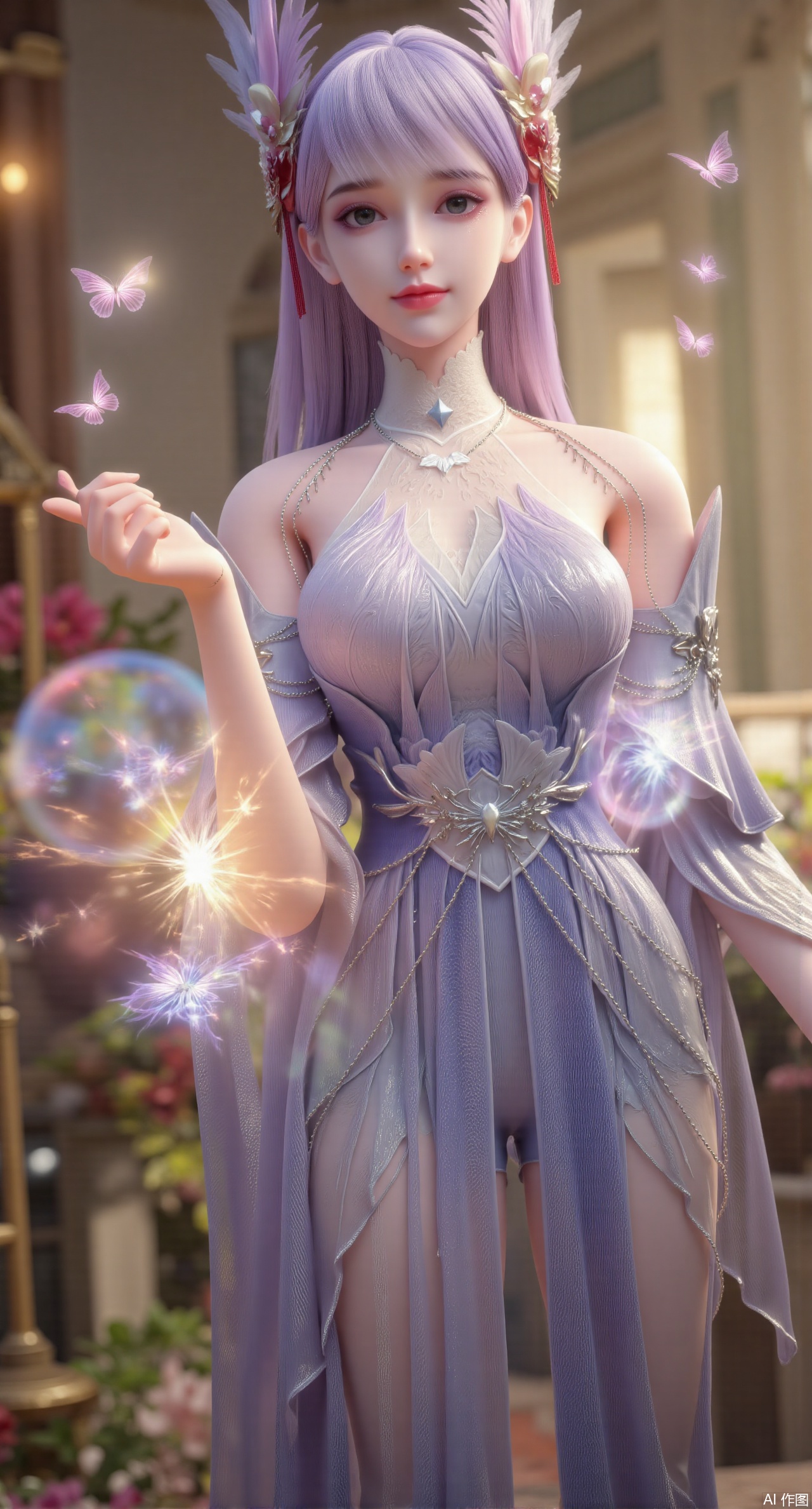 (masterpiece, best quality:1.2), highres, extremely detailed, 1girl,looking at viewer,indoors, (big breasts:2.69),Depth of field,garden of the sun,shiny,flowers, garden, 1girl, (Lotus:1.39), (butterflies, ultra detailed, glary,Light, light particles,glitter,reflect:1.29),Xdongjixiaofu,Xlanbaixiaofu,XkjwjlzyY,XLiquidGlass,XlinziyueY