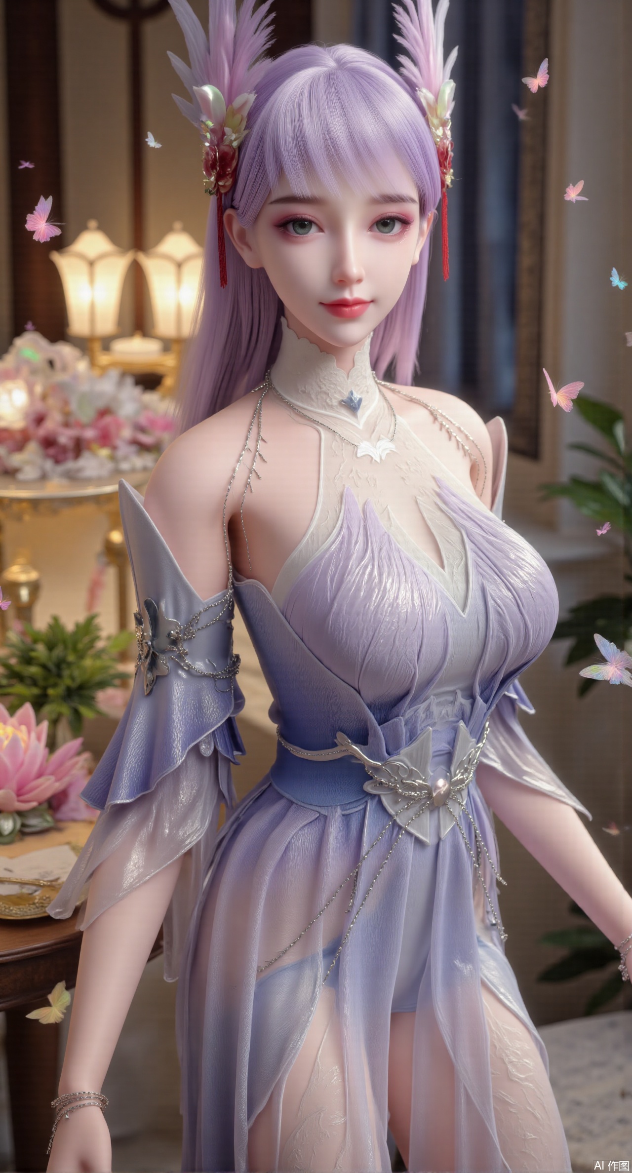 (masterpiece, best quality:1.2), highres, extremely detailed, 1girl,looking at viewer,indoors, (big breasts:2.69),Liquid glass material,Depth of field,garden of the sun,shiny,flowers, garden, 1girl, (Lotus:1.39), (butterflies, ultra detailed, glary,Light, light particles,glitter,reflect:1.29),Xdongjixiaofu,Xlanbaixiaofu,XkjwjlzyY,XLiquidGlass,XlinziyueY