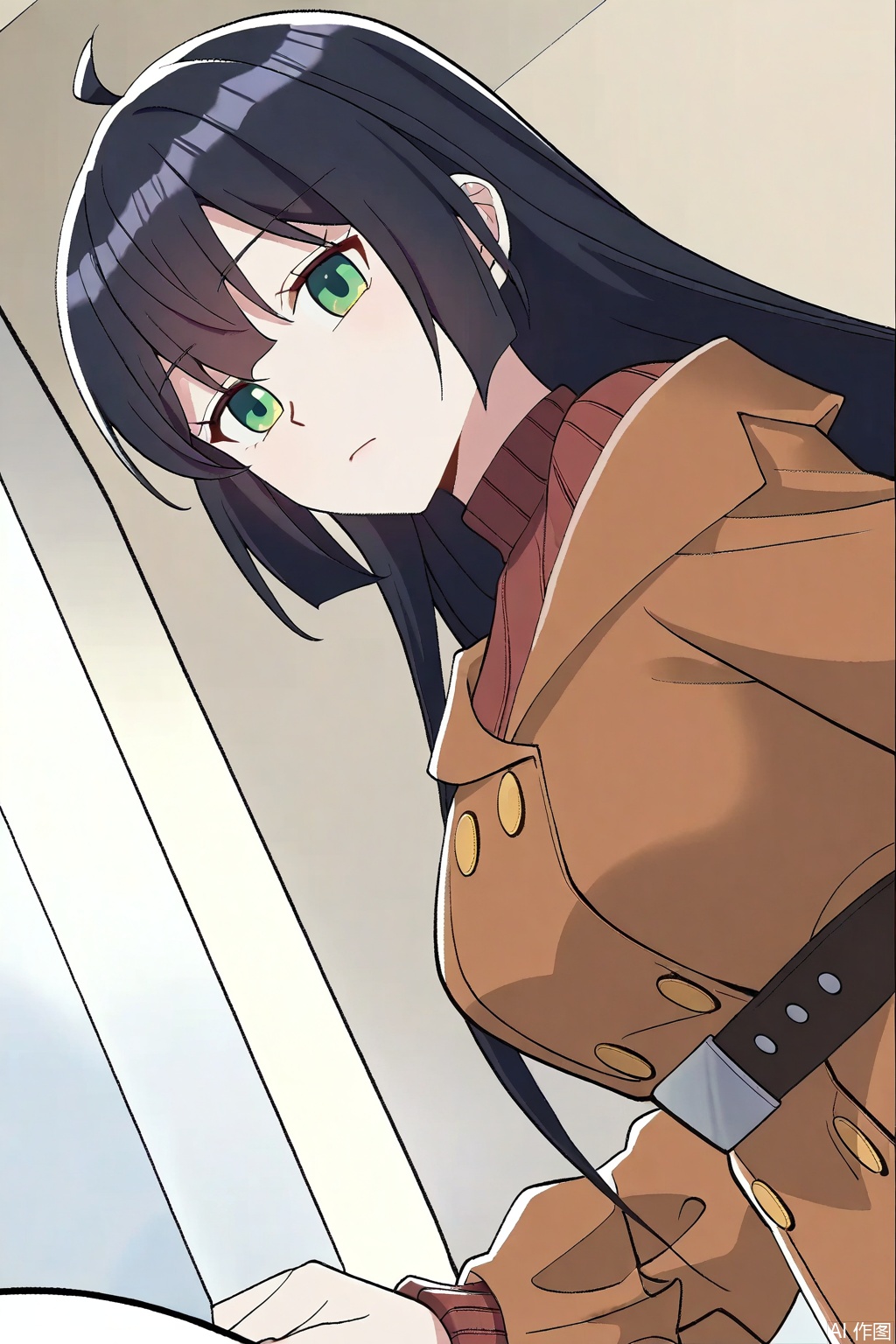1girl, solo, long hair, breasts, looking at viewer, bangs, black hair, long sleeves, closed mouth, green eyes, ahoge, sweater, coat, turtleneck, expressionless, brown coat,masterpiece,best quality,official art,extremely detailed CG unity 8k wallpaper,
Random scene,upper body,looking at viewer,