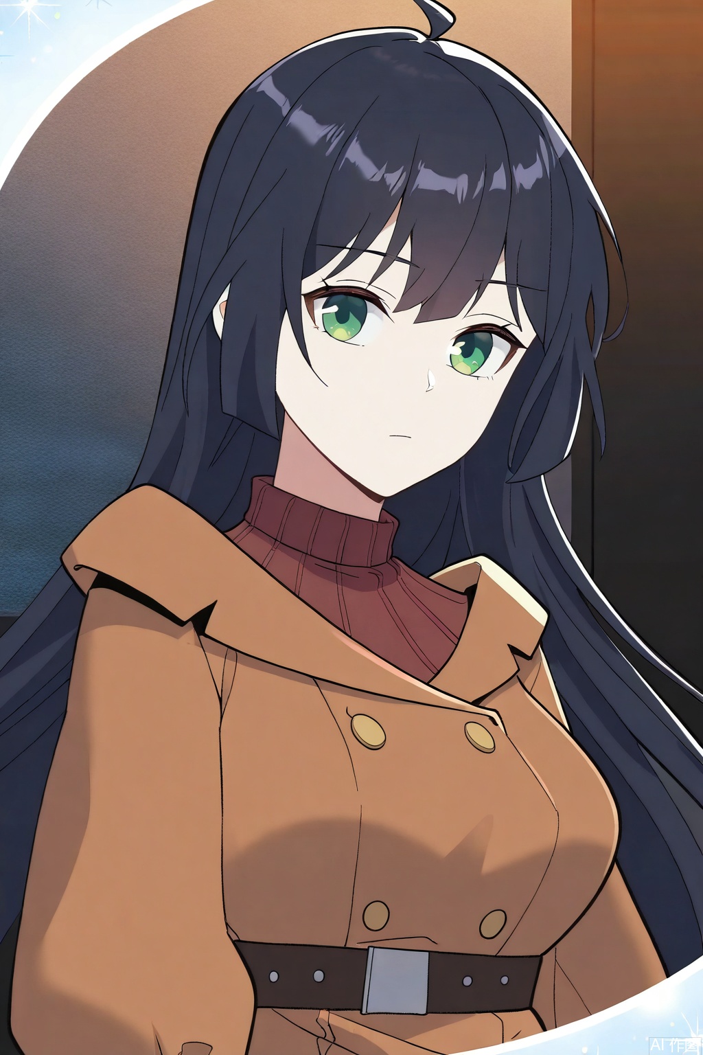 1girl, solo, long hair, breasts, looking at viewer, bangs, black hair, long sleeves, closed mouth, green eyes, ahoge, sweater, coat, turtleneck, expressionless, brown coat,masterpiece,best quality,official art,extremely detailed CG unity 8k wallpaper,
Random scene,upper body,looking at viewer,