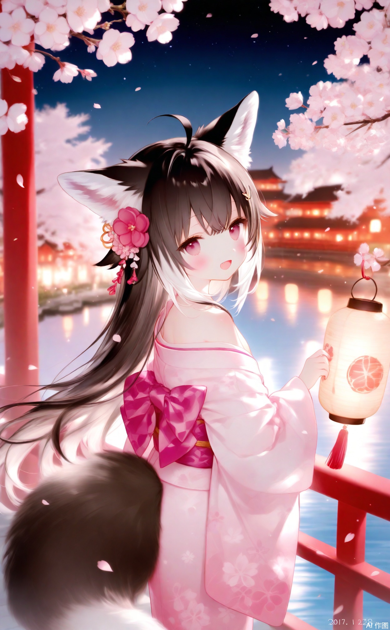 alens, 1girl, lantern, solo, kimono, animal ears, japanese clothes, long hair, flower, looking at viewer, hair ornament, smile, tail, hair flower, pink kimono, petals, pink eyes, ahoge, open mouth, animal ear fluff, fox ears, fox tail, :d, long sleeves, blush, floral print, cherry blossoms, fox girl, night, very long hair, paper lantern, wide sleeves, outdoors, pink flower, water, red flower, print kimono, fang, grey hair, off shoulder, hair intakes, brown hair, looking back, sky, white hair, red eyes, night sky, architecture, obi, sash, virtual youtuber, from side, branch, sleeves past wrists, looking to the side, white kimono, falling petals, east asian architecture, pink theme, from above, star \(sky\), hair between eyes, holding lantern, dated, standing, artist name