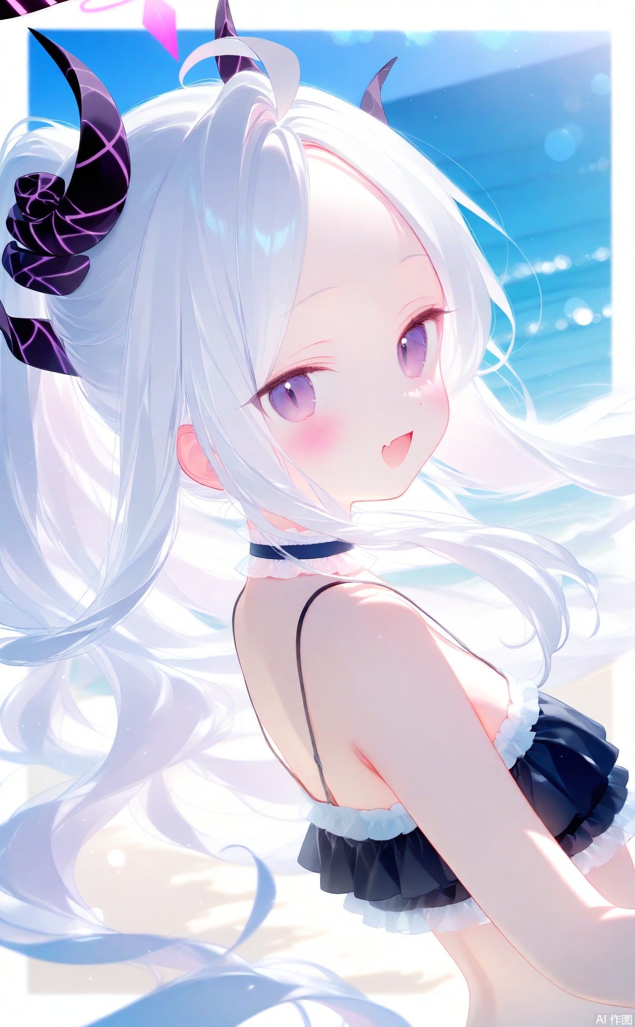 alens, 1girl, solo, hina (blue archive), swimsuit, horns, long hair, looking at viewer, purple eyes, bikini, halo, beach, white hair, ocean, demon horns, black bikini, outdoors, parted bangs, frills, smile, upper body, open mouth, frilled bikini, frilled choker, ahoge, multiple horns, strap slip, day, blurry, looking back, small breasts, choker, :d, forehead, fang, depth of field, border, alternate costume, sidelocks, wavy hair, bare shoulders, demon girl, white border, blush, blue sky, black horns, very long hair, from side, breasts, horizon, sky, ponytail, from behind, sand, floating hair, outside border, bokeh, dutch angle, water, blurry background, white choker, spaghetti strap, skin fang, bare arms, looking to the side, purple horns, lens flare, official alternate costume, slit pupils, flat chest, back, sunlight, wind