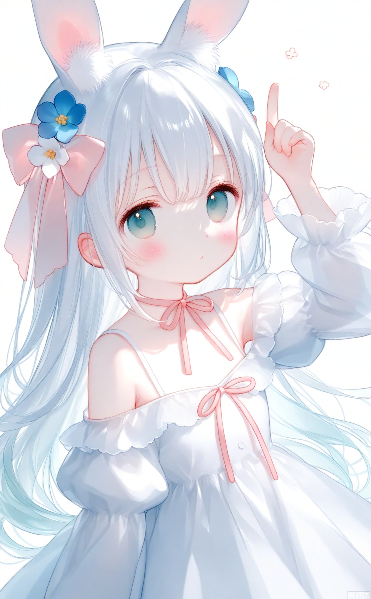 alens,loli,1girl, animal ears, solo, dress, rabbit ears, ribbon, long hair, flower, white dress, hair flower, white hair, looking at viewer, hair ornament, long sleeves, red ribbon, white background, hair between eyes, off shoulder, white flower, blue eyes, puffy sleeves, collarbone, frills, white theme, hair ribbon, arm up, frilled dress, rabbit girl, parted lips, simple background, index finger raised, pink ribbon, upper body, very long hair, off-shoulder dress, breasts, animal ear fluff, juliet sleeves, neck ribbon, blush, aqua eyes, bare shoulders, green eyes, pointing, expressionless, medium breasts, pointing up, :o, floral background, closed mouth, hand up, grey eyes, blue flower
