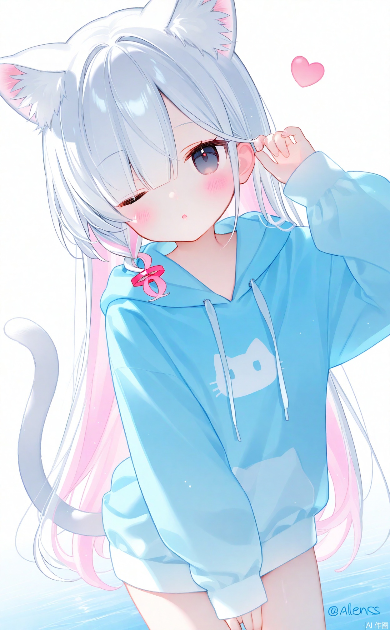 alens,plana,1girl, solo, looking at viewer, blush, bangs, hair ornament, long sleeves, ribbon, animal ears, purple eyes, tail, white hair, heart, parted lips, one eye closed, puffy sleeves, cat ears, hand up, hood, twitter username, cat tail, animal ear fluff, sleeves past wrists, hoodie, hood down, cat girl, animal print, puffy long sleeves, ;o, blue hoodie