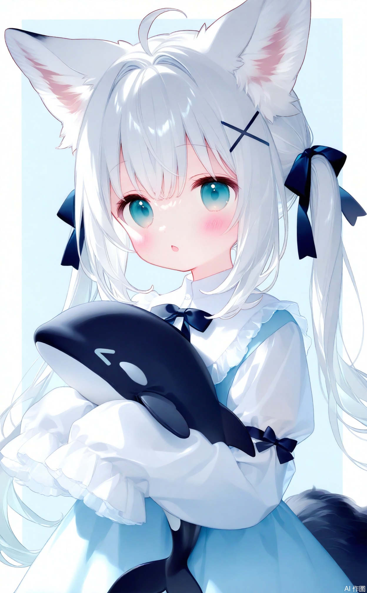 alens,1girl, animal ears, hair ornament, white hair, blue eyes, long hair, sleeves past fingers, sleeves past wrists, tail, bow, ahoge, looking at viewer, x hair ornament, twintails, low twintails, animal ear fluff, solo, blush, long sleeves, hair bow, fox ears, blue bow, :o, fox girl, upper body, shirt, white shirt, hugging object, blue background, fox tail, parted lips, chestnut mouth, open mouth, hair between eyes, >_<, dress, black bow, simple background, two-tone background, white background, very long hair, open clothes, white border, sidelocks, border, frilled sleeves, grey hair, aqua eyes, hairclip, hair intakes, frills, dot nose, stuffed toy, virtual youtuberarm garter, orca