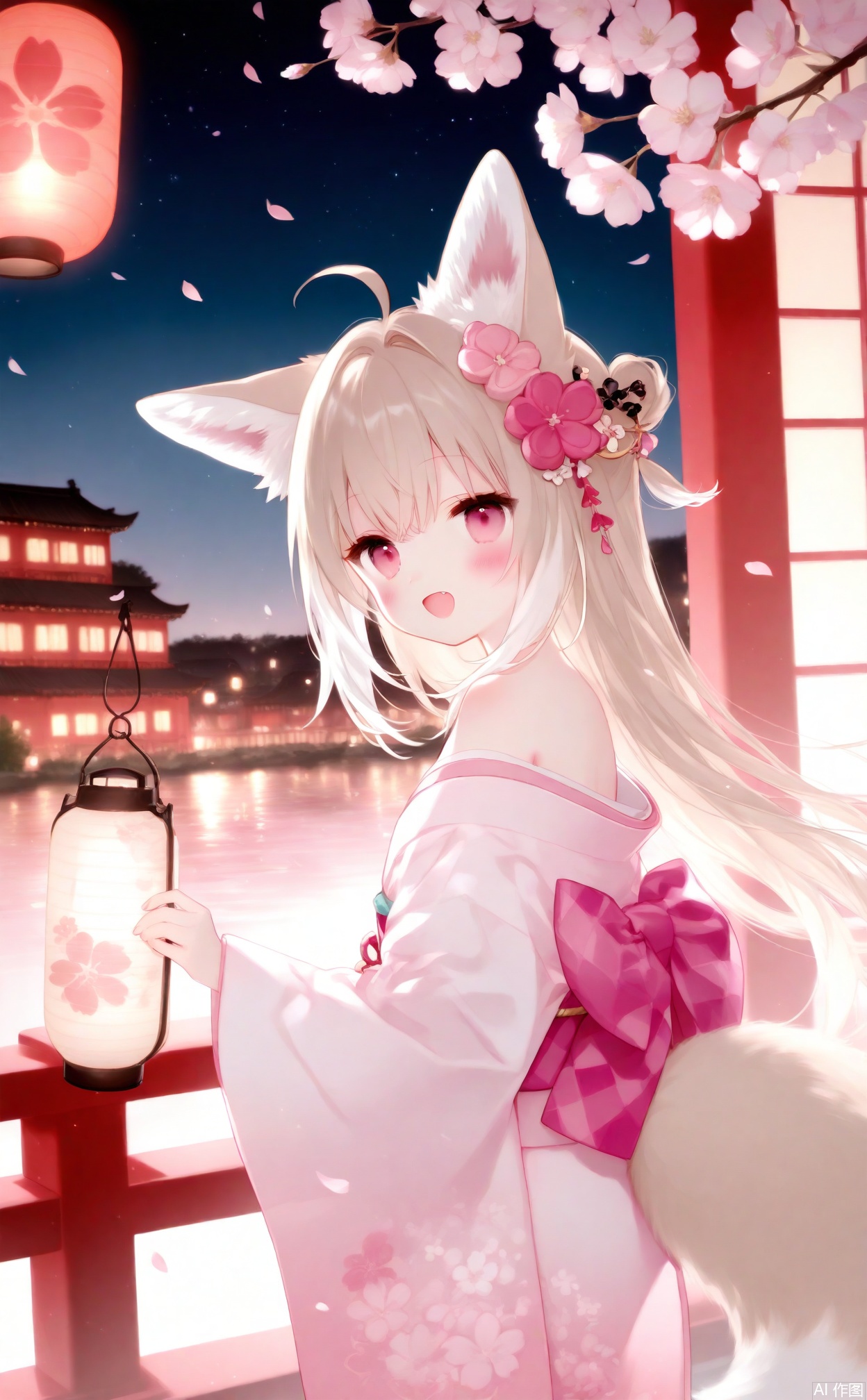 alens, 1girl, lantern, solo, kimono, animal ears, japanese clothes, long hair, flower, looking at viewer, hair ornament, smile, tail, hair flower, pink kimono, petals, pink eyes, ahoge, open mouth, animal ear fluff, fox ears, fox tail, :d, long sleeves, blush, floral print, cherry blossoms, fox girl, night, very long hair, paper lantern, wide sleeves, outdoors, pink flower, water, red flower, print kimono, fang, grey hair, off shoulder, hair intakes, brown hair, looking back, sky, white hair, red eyes, night sky, architecture, obi, sash, virtual youtuber, from side, branch, sleeves past wrists, looking to the side, white kimono, falling petals, east asian architecture, pink theme, from above, star \(sky\), hair between eyes, holding lantern, dated, standing, artist name
