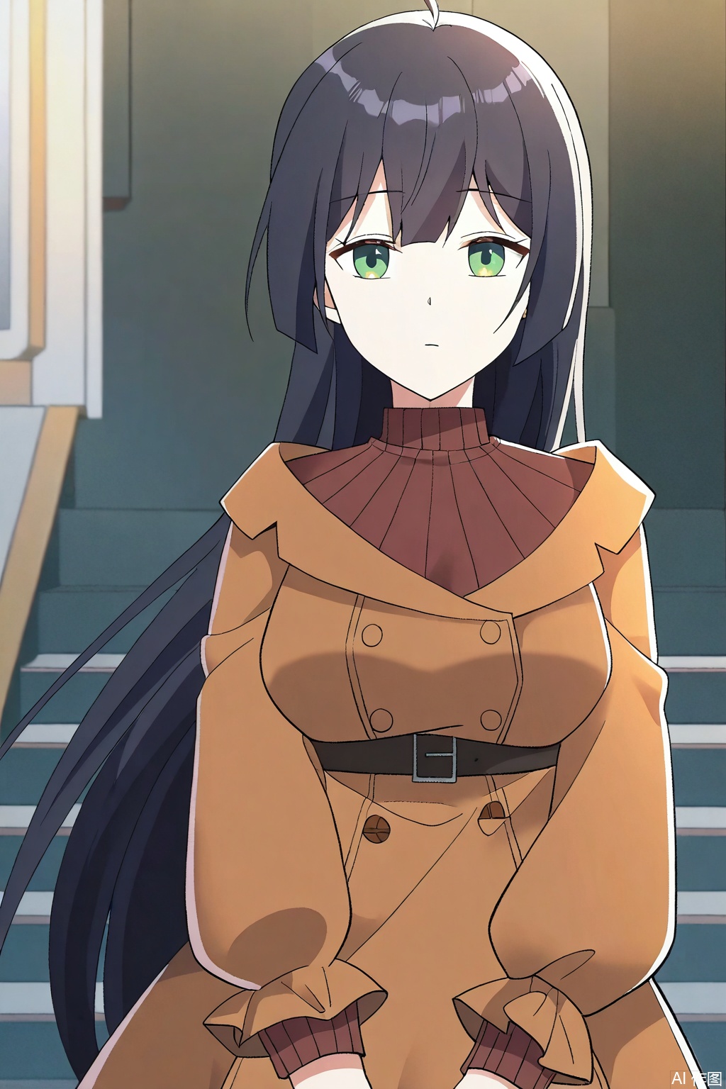 1girl, solo, long hair, breasts, looking at viewer, bangs, black hair, long sleeves, closed mouth, green eyes, ahoge, sweater, coat, turtleneck, expressionless, brown coat,masterpiece,best quality,official art,extremely detailed CG unity 8k wallpaper,
Random scene,upper body,looking at viewer,