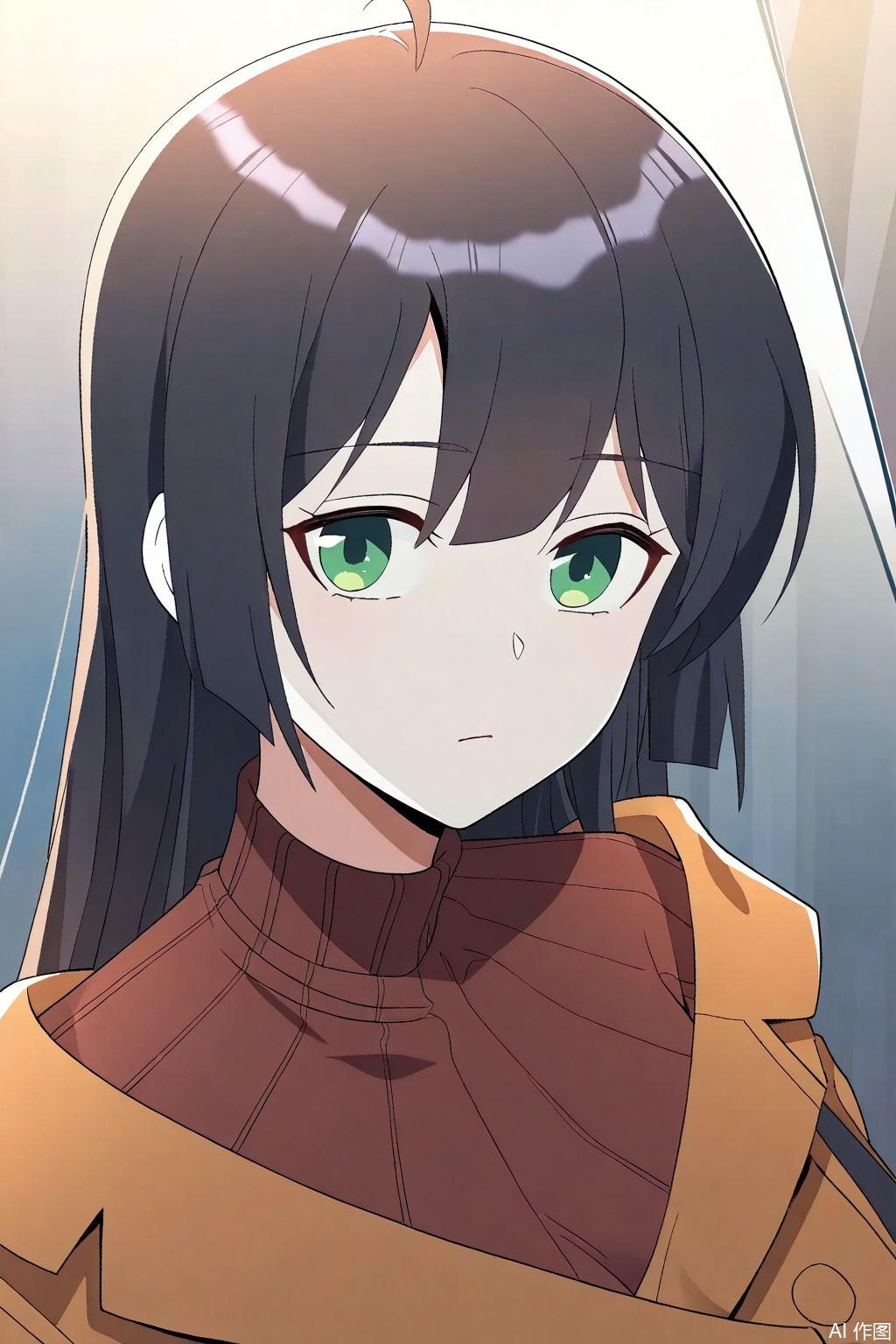 1girl, solo, long hair, breasts, looking at viewer, bangs, black hair, long sleeves, closed mouth, green eyes, ahoge, sweater, coat, turtleneck, expressionless, brown coat,masterpiece,best quality,official art,extremely detailed CG unity 8k wallpaper,
Random scene,upper body,looking at viewer,