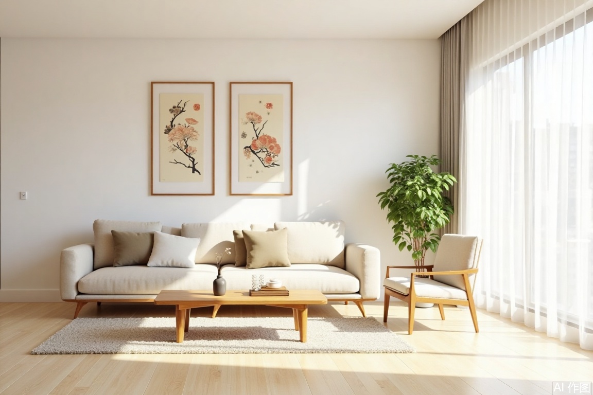 shijing,shijin,MID_CMS,Mid-Century Modern Style,The image depicts a modern living room with a minimalist design. The room features a large window on the right side, allowing natural light to illuminate the space. A wooden coffee table sits on a light-colored rug, with a few decorative items placed on it. To the left of the coffee table, there is a light-colored sofa adorned with several cushions in varying shades of beige and brown. Above the sofa, two pieces of wall art are hung, featuring traditional Asian-style paintings with intricate designs. On the right side of the room, there is a single armchair with a matching cushion, positioned near a tall potted plant. The floor is made of light-colored wood, and the overall color palette of the room is neutral, creating a calm and serene atmosphere.