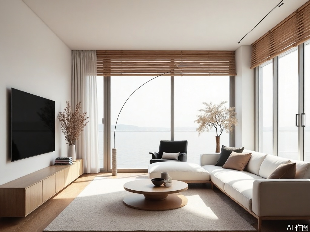 shijing,shijin,MID_CMS,Mid-Century Modern Style,The image depicts a modern living room with a minimalist design. A large flat-screen TV is mounted on the left wall, and below it, there is a sleek, low-profile entertainment unit. The room features a large window with wooden blinds, allowing natural light to filter in. In front of the window, there is a white sectional sofa with light-colored cushions, and a small round wooden coffee table with a vase of dried flowers sits on the floor. A single black chair with a cushioned seat is positioned near the window, and a tall, narrow wooden sculpture stands beside the window. The room is decorated with a few books and a small plant in a vase on the right side, adding a touch of greenery. The overall ambiance is calm and contemporary, with a focus on simplicity and functionality.