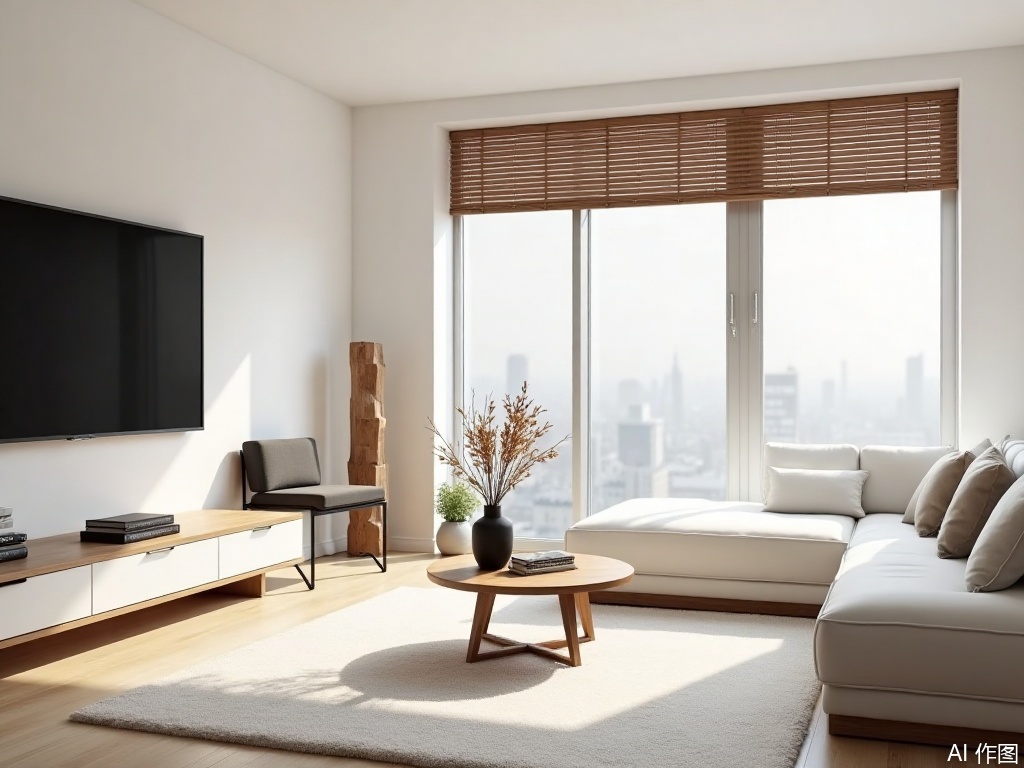 shijing,shijin,MID_CMS,Mid-Century Modern Style,The image depicts a modern living room with a minimalist design. A large flat-screen TV is mounted on the left wall, and below it, there is a sleek, low-profile entertainment unit. The room features a large window with wooden blinds, allowing natural light to filter in. In front of the window, there is a white sectional sofa with light-colored cushions, and a small round wooden coffee table with a vase of dried flowers sits on the floor. A single black chair with a cushioned seat is positioned near the window, and a tall, narrow wooden sculpture stands beside the window. The room is decorated with a few books and a small plant in a vase on the right side, adding a touch of greenery. The overall ambiance is calm and contemporary, with a focus on simplicity and functionality.