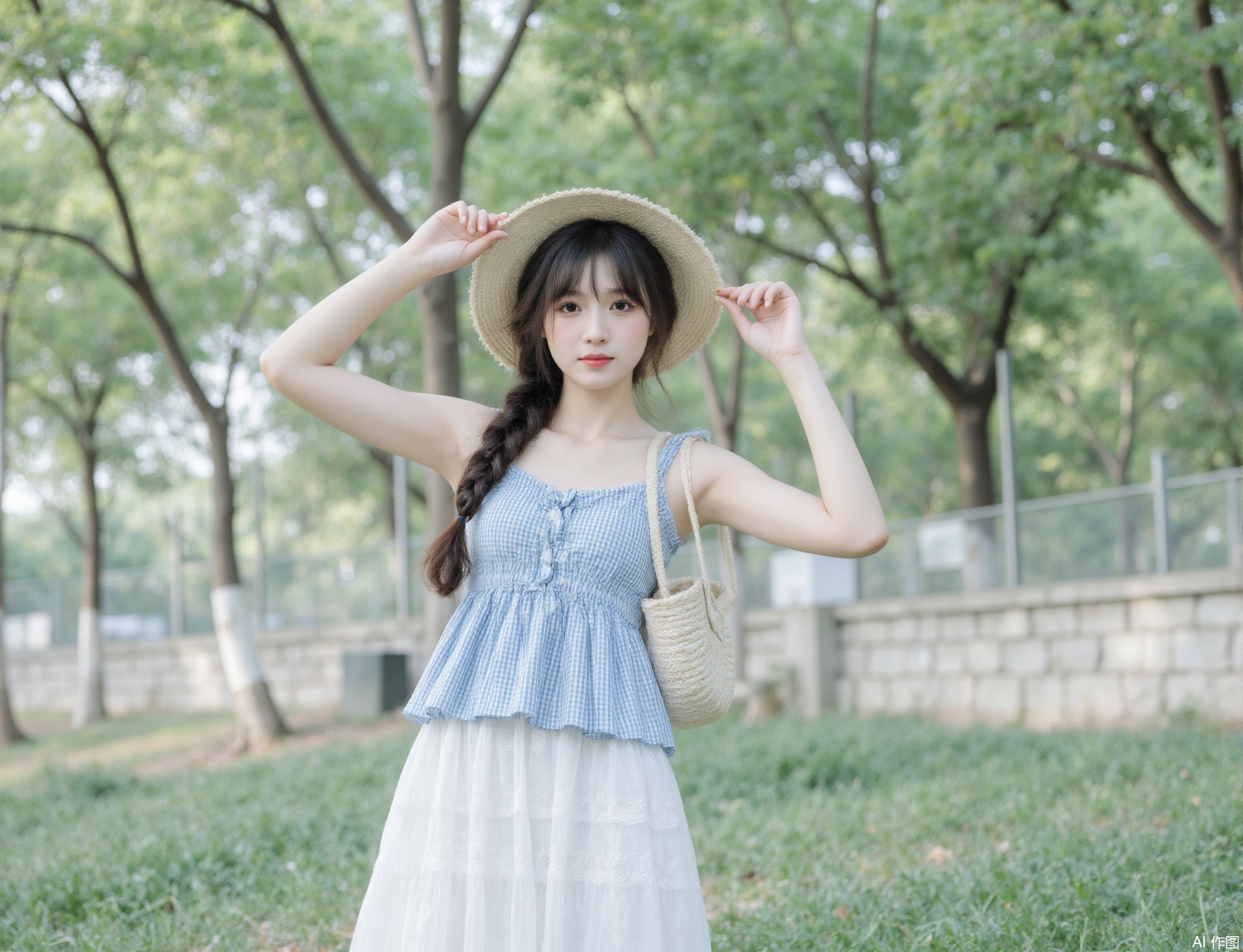The image shows a young woman standing outdoors in a natural setting. She is wearing a light blue and white checkered sleeveless top and a long white skirt with lace details. She has a large straw hat on her head, and her hair is styled in a braid. She is holding the brim of her hat with both hands, tilting it slightly to the side. In her left hand, she is carrying a woven bag. The background consists of lush green trees and a stone wall, suggesting a park or garden area. The overall atmosphere is bright and serene, with soft natural lighting.