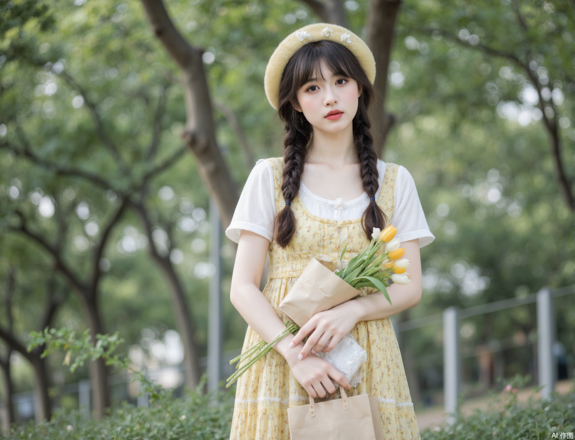 The image shows a person standing outdoors, dressed in a light-colored outfit consisting of a white top and a yellow-green layered dress. They are holding a bouquet of yellow tulips in a brown paper bag and a small brown purse. The person is wearing a yellow beret adorned with white flowers. Their hair is styled in two braids, and they have a gentle expression. The background consists of lush green foliage, suggesting a park or garden setting.
