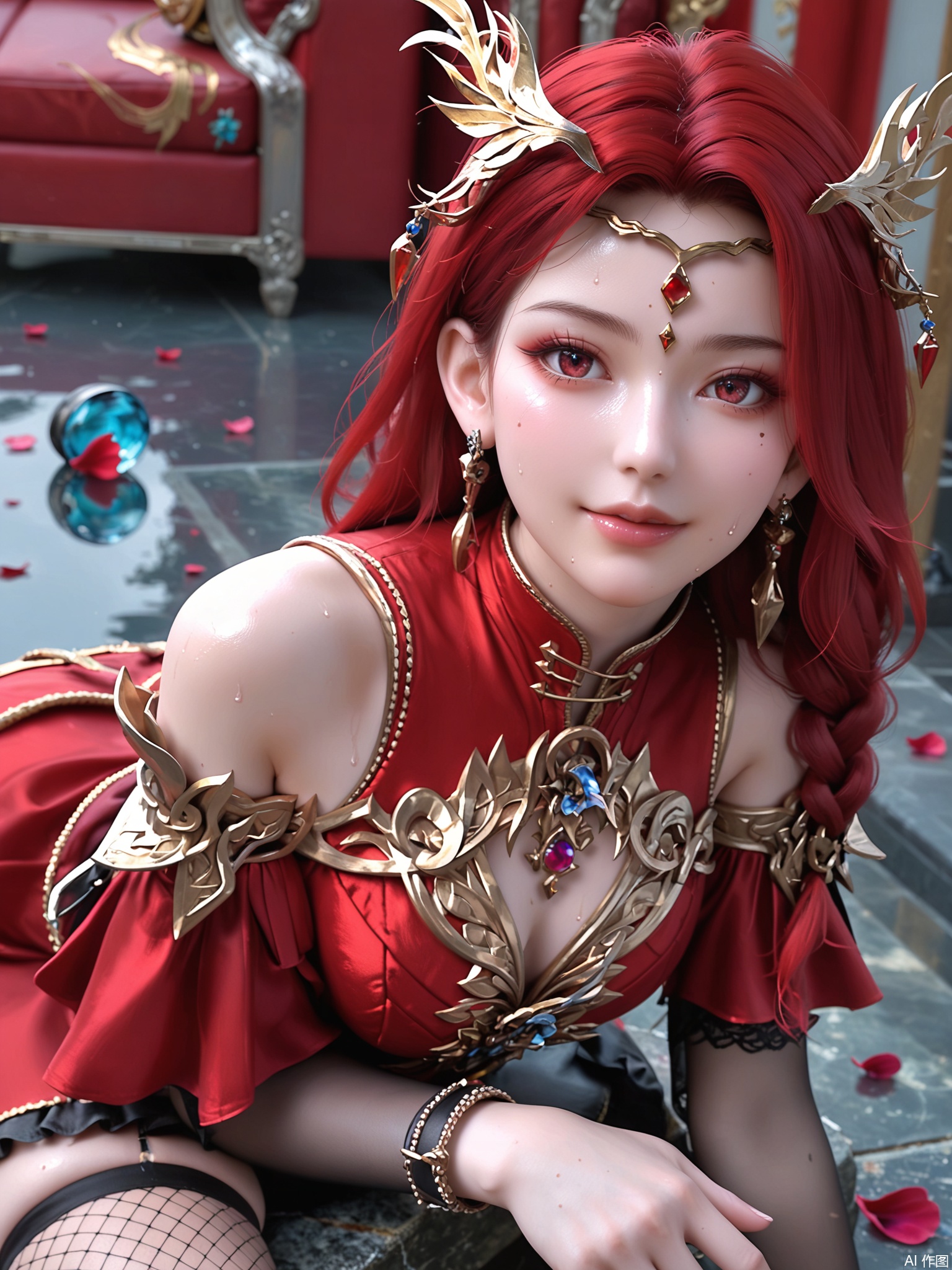 score_9,score_8_up,score_7_up,1girl,looking_at_viewer,realistic,1girl,Vivid Colors,bright environment,delicate water,hair_ornament,shiny skin,shiny hair,reflection,dress,flower sea,falling petals,extreme detail description,(full body:0.3),put one hand on your side,long_hair,(skindentation:1.3),Fishnet stockings,bright,sunshine on face,hair,light,sweating,red dress,forehead_mark,light,sitting_down,single_braid,facial_mark