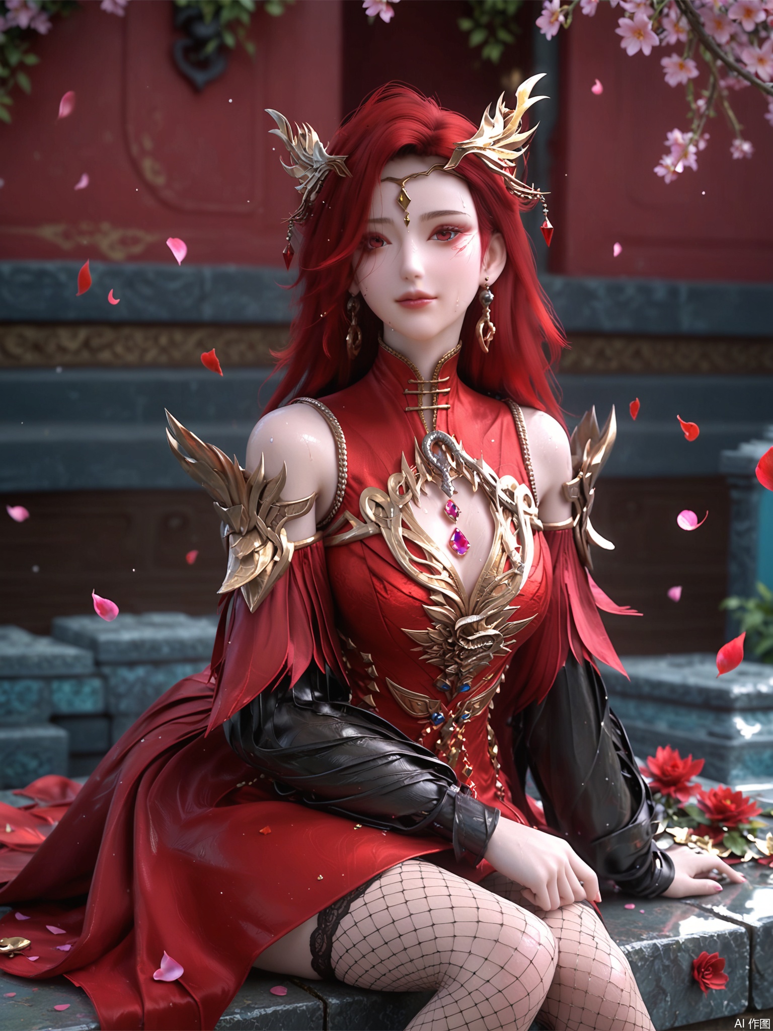 score_9,score_8_up,score_7_up,1girl,looking_at_viewer,realistic,1girl,Vivid Colors,bright environment,delicate water,hair_ornament,shiny skin,shiny hair,reflection,dress,flower sea,falling petals,extreme detail description,(full body:0.3),put one hand on your side,long_hair,(skindentation:1.3),Fishnet stockings,bright,sunshine on face,hair,light,sweating,red dress,forehead_mark,light,sitting_down,single_braid,facial_mark
