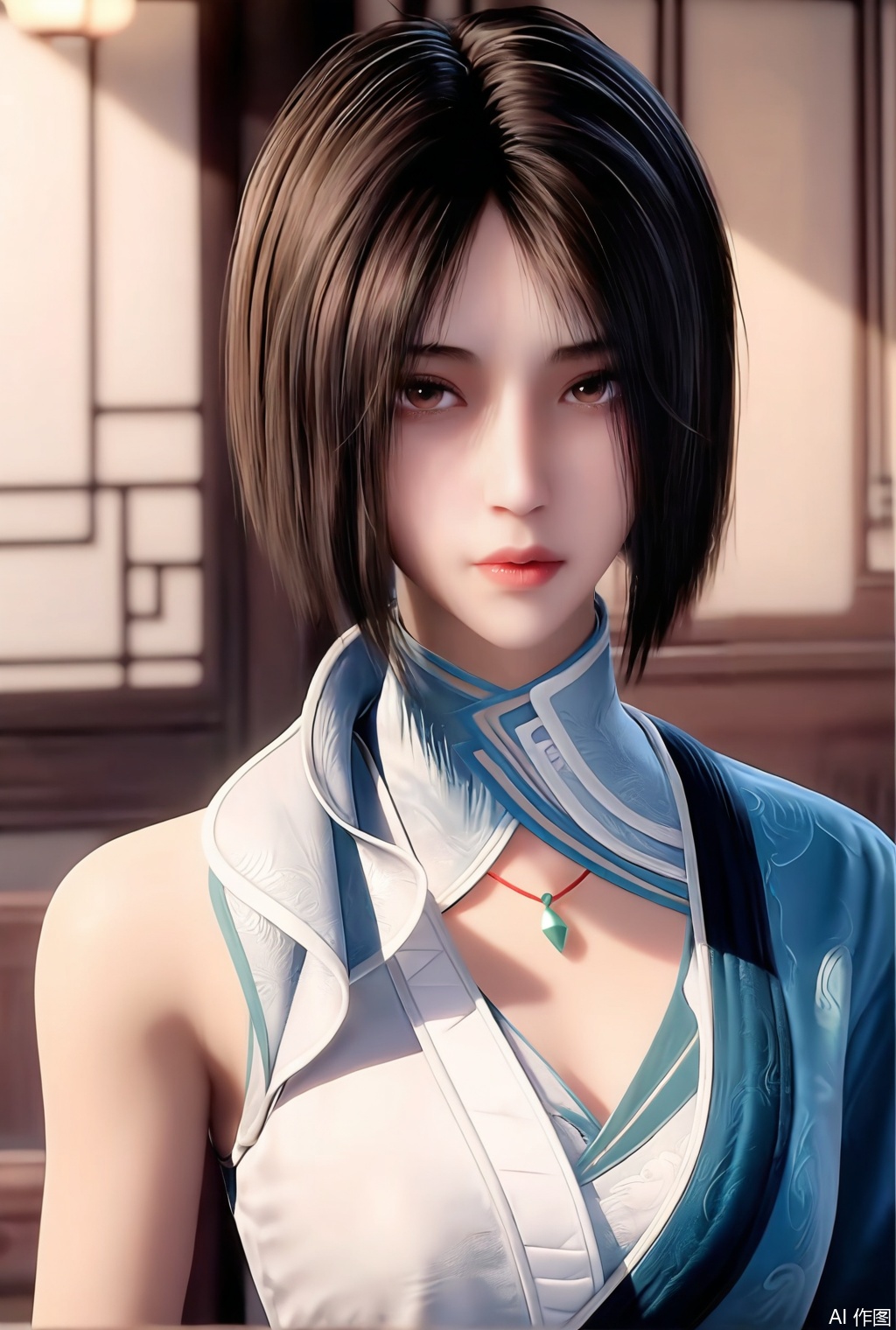 1girl, solo,short hair,looking at viewer,black hair,short hair,bob cut,brown hair,jewelry,brown eyes,indoors,blurry,clothing cutout,,chinese clothes,upper_body, realistic, masterpiece, best quality, absurdres, highres, amazing quality, very aesthetic, newest, absurdres, highres, highly detailed, very aesthetic,