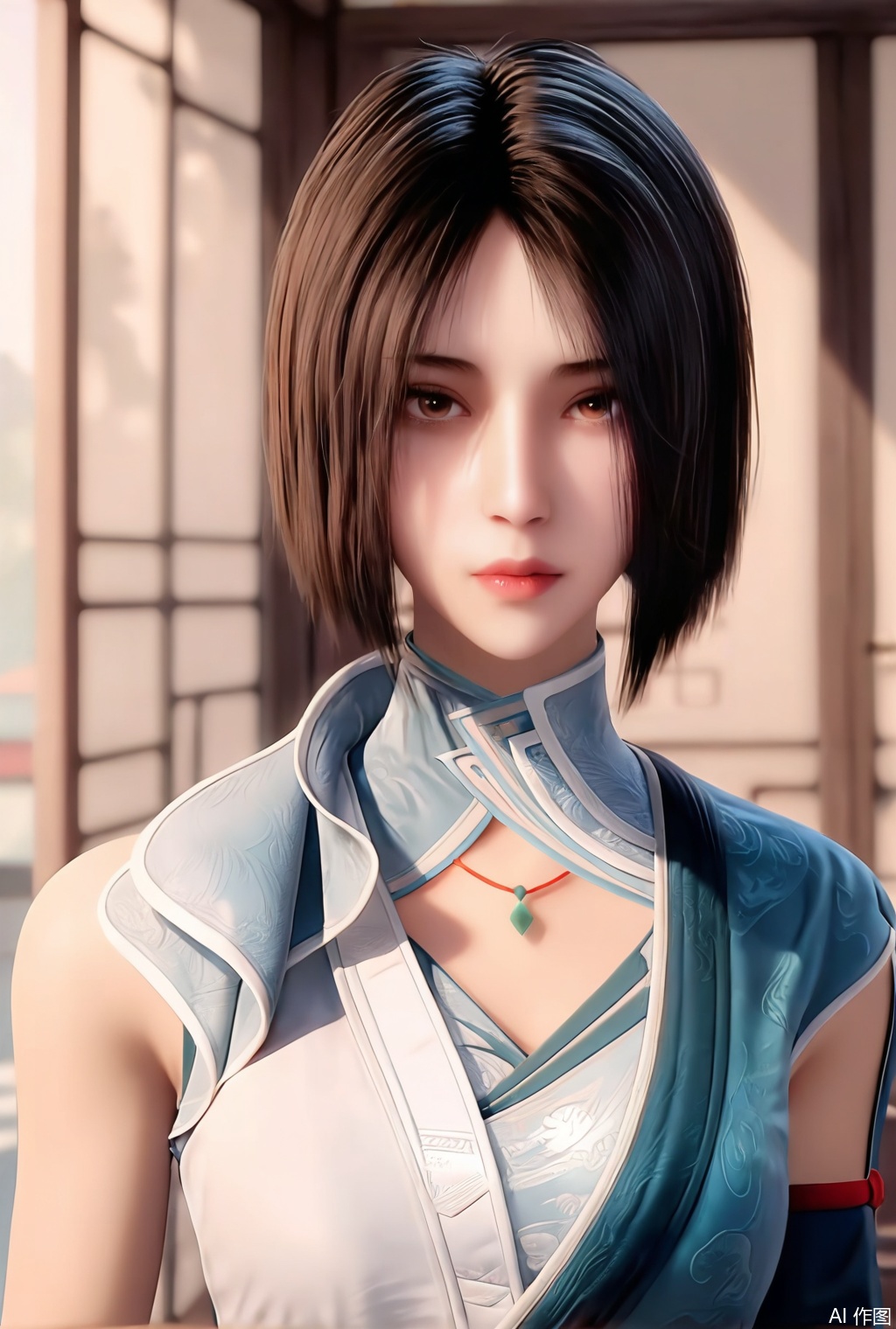 1girl, solo,short hair,looking at viewer,black hair,short hair,bob cut,brown hair,jewelry,brown eyes,indoors,blurry,clothing cutout,,chinese clothes,upper_body, realistic, masterpiece, best quality, absurdres, highres, amazing quality, very aesthetic, newest, absurdres, highres, highly detailed, very aesthetic,