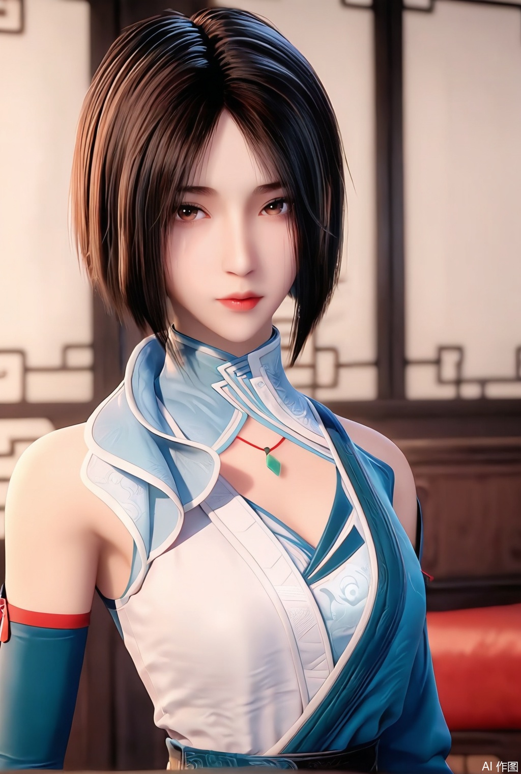 1girl, solo,short hair,looking at viewer,black hair,short hair,bob cut,brown hair,jewelry,brown eyes,indoors,blurry,clothing cutout,,chinese clothes,upper_body,