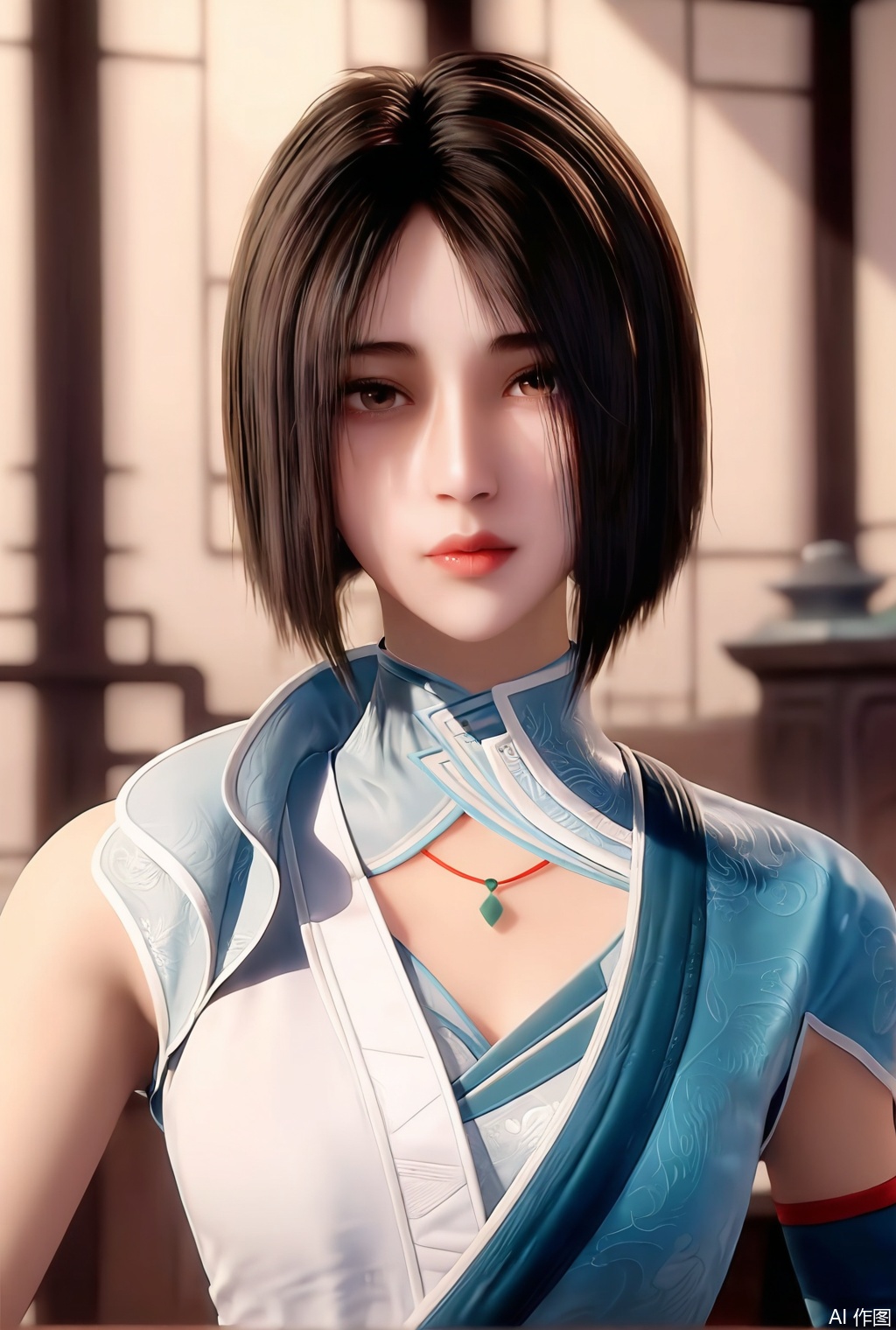 1girl, solo,short hair,looking at viewer,black hair,short hair,bob cut,brown hair,jewelry,brown eyes,indoors,blurry,clothing cutout,,chinese clothes,upper_body, realistic, masterpiece, best quality, absurdres, highres, amazing quality, very aesthetic, newest, absurdres, highres, highly detailed, very aesthetic,
