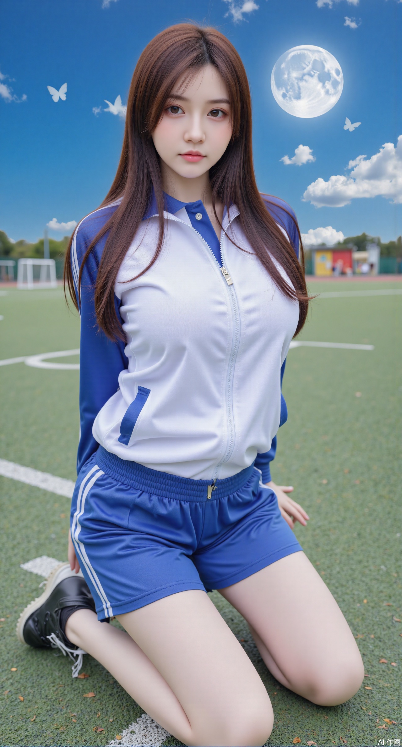 (masterpiece, best quality:1.2), highres, extremely detailed, 1girl,(long hair:1.26),School Uniform,looking at viewer, whole body,(big breasts:2.69),Depth of field, (butterflies, ultra detailed, glary,Light, light particles,glitter,reflect:1.29),(huge breasts:2.99), (full breasts:2.99),background, solo, makeup,(The background is the school playground, Sitting on the grass on the football field:1.39),(Lotus,Water Lily,Blue sky,full moon:1.39),(Lotus pond,ancient Chinese architecture:1.39),Xdongjixiaofu,Xlanbaixiaofu,XkjwjlzyY