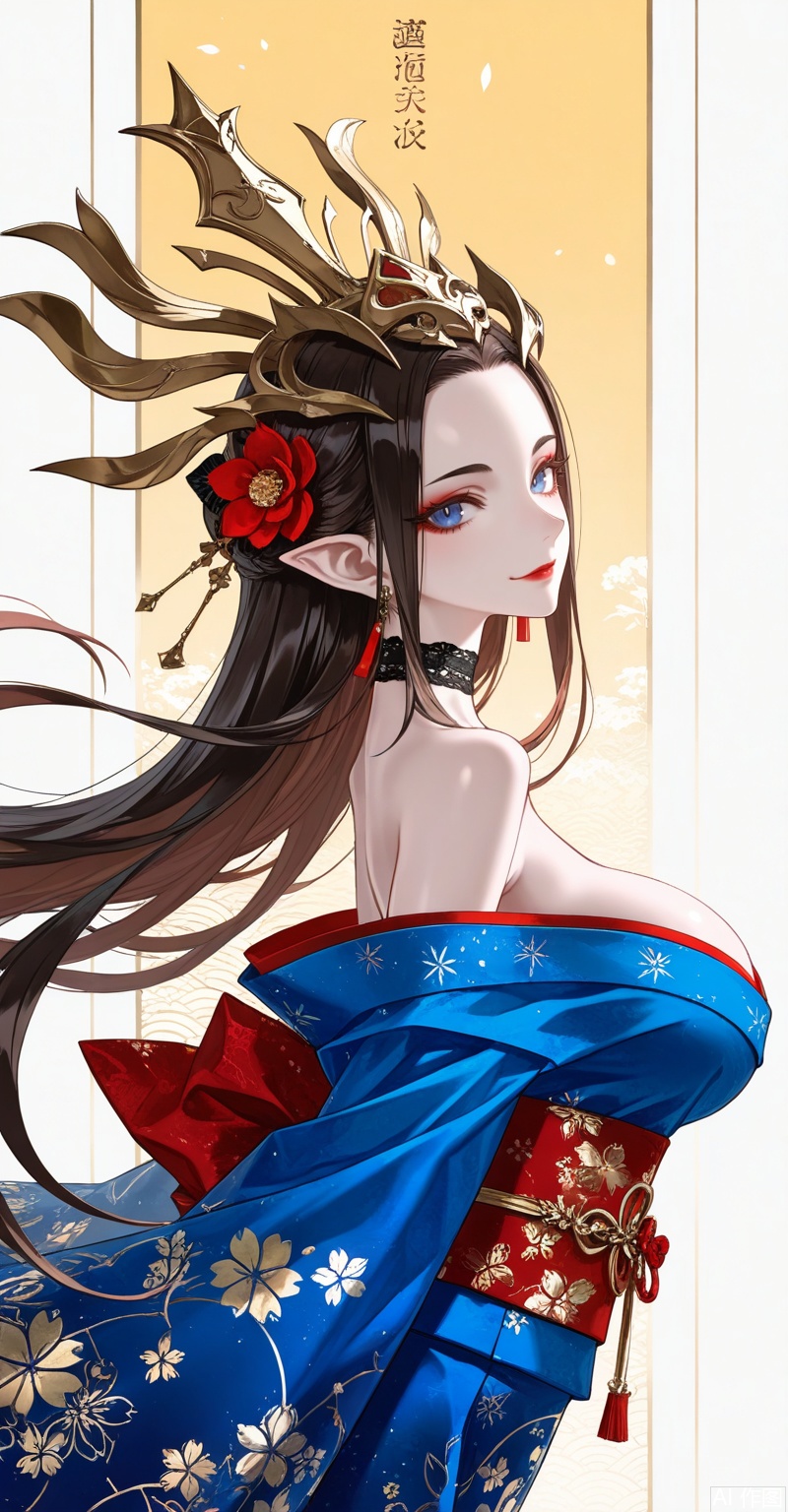 meidusha,1girl,pointy ears,solo,long hair,earrings,jewelry,curvy,mature_female,black hair,forehead,(crown:1.2),hair ornament,looking at viewer,brown hair,blue eyes,red lips,makeup,
1girl,breasts,solo,japanese clothes,kimono,smile,hair ornament,choker,large breasts,flower,looking at viewer,hair flower,wide sleeves,sash,earrings,blue kimono,jewelry,obi,floral print,sideboob,bare shoulders,black choker,off shoulder,long sleeves,alternate costume,
close-up details,outstanding style,adding a touch of dimension to your images without compromising details,whirls of vapor,iridescent textures,(Anime:1.1),ethereal ambiance,delicate details,magical high-concept,32K UHD,sharp focus,best-quality,masterpiece,golden hour,unconventional supreme masterpiece,masterful details,temperate atmosphere,with a high-end texture,in the style of fashion photography,photography,cover,dynamic angle,dynamic posture,(artist:quasarcake:0.8),extreme aesthetic,(wlop:0.6),(honjou raita, lack, rella:0.5, wanke),masterpiece,best quality,good quality,very aesthetic,absurdres,visual impact,a shot with tension,ultra-high resolution,32K UHD,sharp focus,best-quality,masterpiece,emotionalization,unconventional supreme masterpiece,masterful details,temperate atmosphere,with a high-end texture,in the style of fashion photography,(visual impact:1.2),giving the poster a dynamic and visually striking appearance,impactful picture,official art,colorful,splash of color,movie perspective,masterpiece,best quality,amazing quality,very aesthetic,absurdres,best quality,newest,