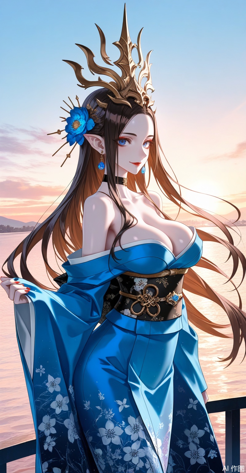 meidusha,1girl,pointy ears,solo,long hair,earrings,jewelry,curvy,mature_female,black hair,forehead,(crown:1.2),hair ornament,looking at viewer,brown hair,blue eyes,red lips,makeup,
1girl,breasts,solo,japanese clothes,kimono,smile,hair ornament,choker,large breasts,flower,looking at viewer,hair flower,wide sleeves,sash,earrings,blue kimono,jewelry,obi,floral print,sideboob,bare shoulders,black choker,off shoulder,long sleeves,alternate costume,
close-up details,outstanding style,adding a touch of dimension to your images without compromising details,whirls of vapor,iridescent textures,(Anime:1.1),ethereal ambiance,delicate details,magical high-concept,32K UHD,sharp focus,best-quality,masterpiece,golden hour,unconventional supreme masterpiece,masterful details,temperate atmosphere,with a high-end texture,in the style of fashion photography,photography,cover,dynamic angle,dynamic posture,(artist:quasarcake:0.8),extreme aesthetic,(wlop:0.6),(honjou raita, lack, rella:0.5, wanke),masterpiece,best quality,good quality,very aesthetic,absurdres,visual impact,a shot with tension,ultra-high resolution,32K UHD,sharp focus,best-quality,masterpiece,emotionalization,unconventional supreme masterpiece,masterful details,temperate atmosphere,with a high-end texture,in the style of fashion photography,(visual impact:1.2),giving the poster a dynamic and visually striking appearance,impactful picture,official art,colorful,splash of color,movie perspective,masterpiece,best quality,amazing quality,very aesthetic,absurdres,best quality,newest,