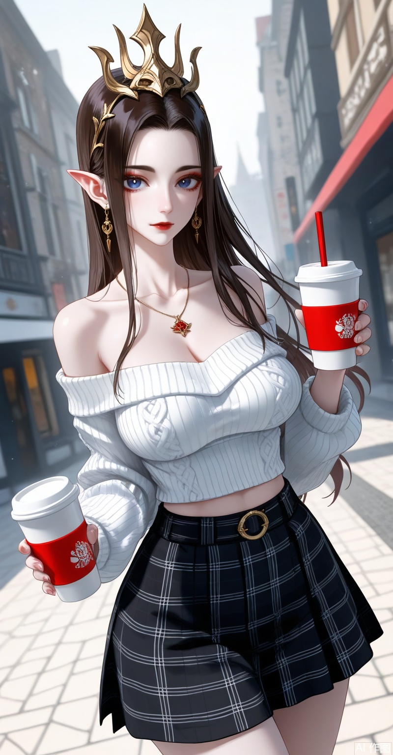 meidusha,1girl,pointy ears,solo,long hair,earrings,jewelry,curvy,mature_female,black hair,forehead,(crown:1.2),hair ornament,looking at viewer,brown hair,blue eyes,red lips,makeup,
1girl,solo,skirt,off shoulder,off-shoulder sweater,jewelry,white sweater,necklace,cup,bare shoulders,holding,sweater,disposable cup,breasts,black skirt,plaid skirt,collarbone,plaid,blurry background,crop top,holding cup,blurry,midriff,long sleeves,large breasts,
close-up details,outstanding style,adding a touch of dimension to your images without compromising details,whirls of vapor,iridescent textures,(Anime:1.1),ethereal ambiance,delicate details,magical high-concept,32K UHD,sharp focus,best-quality,masterpiece,golden hour,unconventional supreme masterpiece,masterful details,temperate atmosphere,with a high-end texture,in the style of fashion photography,photography,cover,dynamic angle,dynamic posture,(artist:quasarcake:0.8),extreme aesthetic,(wlop:0.6),(honjou raita, lack, rella:0.5, wanke),masterpiece,best quality,good quality,very aesthetic,absurdres,visual impact,a shot with tension,ultra-high resolution,32K UHD,sharp focus,best-quality,masterpiece,emotionalization,unconventional supreme masterpiece,masterful details,temperate atmosphere,with a high-end texture,in the style of fashion photography,(visual impact:1.2),giving the poster a dynamic and visually striking appearance,impactful picture,official art,colorful,splash of color,movie perspective,masterpiece,best quality,amazing quality,very aesthetic,absurdres,best quality,newest,