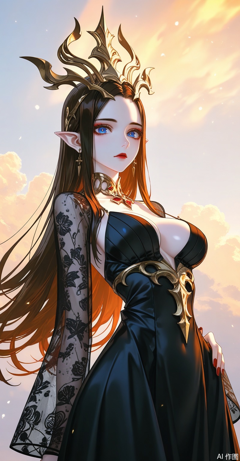 meidusha,1girl,pointy ears,solo,long hair,earrings,jewelry,curvy,mature_female,black hair,forehead,(crown:1.2),hair ornament,looking at viewer,brown hair,blue eyes,red lips,makeup,
1girl,solo,jewelry,earrings,see-through,dress,upper body,black dress,hand on own hip,breasts,see-through sleeves,close-up details,outstanding style,adding a touch of dimension to your images without compromising details,whirls of vapor,iridescent textures,(Anime:1.1),ethereal ambiance,delicate details,magical high-concept,32K UHD,sharp focus,best-quality,masterpiece,golden hour,unconventional supreme masterpiece,masterful details,temperate atmosphere,with a high-end texture,in the style of fashion photography,photography,cover,dynamic angle,dynamic posture,(artist:quasarcake:0.8),extreme aesthetic,(wlop:0.6),(honjou raita, lack, rella:0.5, wanke),masterpiece,best quality,good quality,very aesthetic,absurdres,visual impact,a shot with tension,ultra-high resolution,32K UHD,sharp focus,best-quality,masterpiece,emotionalization,unconventional supreme masterpiece,masterful details,temperate atmosphere,with a high-end texture,in the style of fashion photography,(visual impact:1.2),giving the poster a dynamic and visually striking appearance,impactful picture,official art,colorful,splash of color,movie perspective,masterpiece,best quality,amazing quality,very aesthetic,absurdres,best quality,newest,