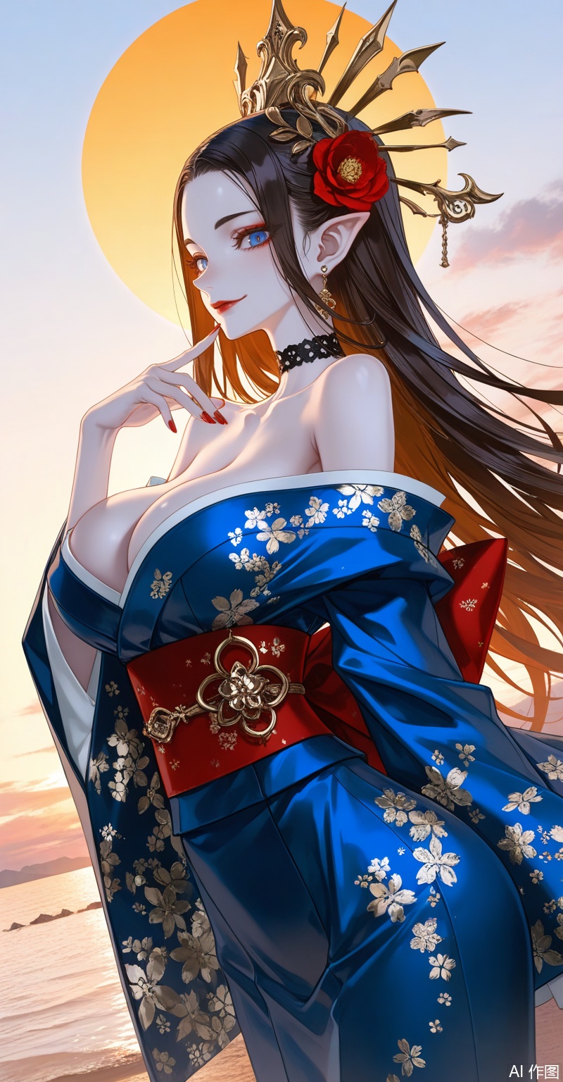 meidusha,1girl,pointy ears,solo,long hair,earrings,jewelry,curvy,mature_female,black hair,forehead,(crown:1.2),hair ornament,looking at viewer,brown hair,blue eyes,red lips,makeup,
1girl,breasts,solo,japanese clothes,kimono,smile,hair ornament,choker,large breasts,flower,looking at viewer,hair flower,wide sleeves,sash,earrings,blue kimono,jewelry,obi,floral print,sideboob,bare shoulders,black choker,off shoulder,long sleeves,alternate costume,
close-up details,outstanding style,adding a touch of dimension to your images without compromising details,whirls of vapor,iridescent textures,(Anime:1.1),ethereal ambiance,delicate details,magical high-concept,32K UHD,sharp focus,best-quality,masterpiece,golden hour,unconventional supreme masterpiece,masterful details,temperate atmosphere,with a high-end texture,in the style of fashion photography,photography,cover,dynamic angle,dynamic posture,(artist:quasarcake:0.8),extreme aesthetic,(wlop:0.6),(honjou raita, lack, rella:0.5, wanke),masterpiece,best quality,good quality,very aesthetic,absurdres,visual impact,a shot with tension,ultra-high resolution,32K UHD,sharp focus,best-quality,masterpiece,emotionalization,unconventional supreme masterpiece,masterful details,temperate atmosphere,with a high-end texture,in the style of fashion photography,(visual impact:1.2),giving the poster a dynamic and visually striking appearance,impactful picture,official art,colorful,splash of color,movie perspective,masterpiece,best quality,amazing quality,very aesthetic,absurdres,best quality,newest,
