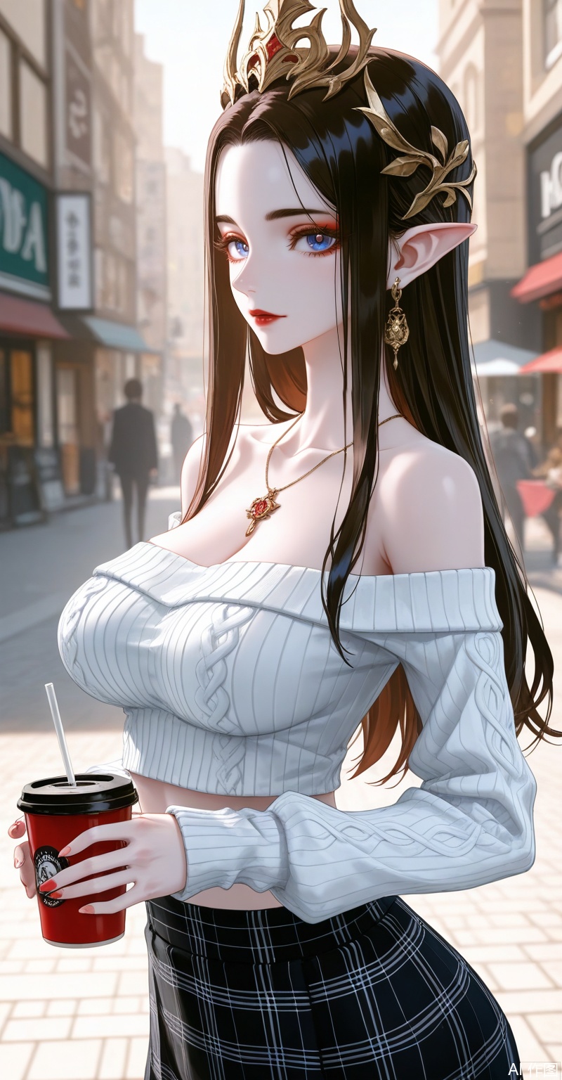 meidusha,1girl,pointy ears,solo,long hair,earrings,jewelry,curvy,mature_female,black hair,forehead,(crown:1.2),hair ornament,looking at viewer,brown hair,blue eyes,red lips,makeup,
1girl,solo,skirt,off shoulder,off-shoulder sweater,jewelry,white sweater,necklace,cup,bare shoulders,holding,sweater,disposable cup,breasts,black skirt,plaid skirt,collarbone,plaid,blurry background,crop top,holding cup,blurry,midriff,long sleeves,large breasts,
close-up details,outstanding style,adding a touch of dimension to your images without compromising details,whirls of vapor,iridescent textures,(Anime:1.1),ethereal ambiance,delicate details,magical high-concept,32K UHD,sharp focus,best-quality,masterpiece,golden hour,unconventional supreme masterpiece,masterful details,temperate atmosphere,with a high-end texture,in the style of fashion photography,photography,cover,dynamic angle,dynamic posture,(artist:quasarcake:0.8),extreme aesthetic,(wlop:0.6),(honjou raita, lack, rella:0.5, wanke),masterpiece,best quality,good quality,very aesthetic,absurdres,visual impact,a shot with tension,ultra-high resolution,32K UHD,sharp focus,best-quality,masterpiece,emotionalization,unconventional supreme masterpiece,masterful details,temperate atmosphere,with a high-end texture,in the style of fashion photography,(visual impact:1.2),giving the poster a dynamic and visually striking appearance,impactful picture,official art,colorful,splash of color,movie perspective,masterpiece,best quality,amazing quality,very aesthetic,absurdres,best quality,newest,