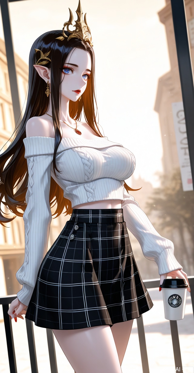meidusha,1girl,pointy ears,solo,long hair,earrings,jewelry,curvy,mature_female,black hair,forehead,(crown:1.2),hair ornament,looking at viewer,brown hair,blue eyes,red lips,makeup,
1girl,solo,skirt,off shoulder,off-shoulder sweater,jewelry,white sweater,necklace,cup,bare shoulders,holding,sweater,disposable cup,breasts,black skirt,plaid skirt,collarbone,plaid,blurry background,crop top,holding cup,blurry,midriff,long sleeves,large breasts,
close-up details,outstanding style,adding a touch of dimension to your images without compromising details,whirls of vapor,iridescent textures,(Anime:1.1),ethereal ambiance,delicate details,magical high-concept,32K UHD,sharp focus,best-quality,masterpiece,golden hour,unconventional supreme masterpiece,masterful details,temperate atmosphere,with a high-end texture,in the style of fashion photography,photography,cover,dynamic angle,dynamic posture,(artist:quasarcake:0.8),extreme aesthetic,(wlop:0.6),(honjou raita, lack, rella:0.5, wanke),masterpiece,best quality,good quality,very aesthetic,absurdres,visual impact,a shot with tension,ultra-high resolution,32K UHD,sharp focus,best-quality,masterpiece,emotionalization,unconventional supreme masterpiece,masterful details,temperate atmosphere,with a high-end texture,in the style of fashion photography,(visual impact:1.2),giving the poster a dynamic and visually striking appearance,impactful picture,official art,colorful,splash of color,movie perspective,masterpiece,best quality,amazing quality,very aesthetic,absurdres,best quality,newest,