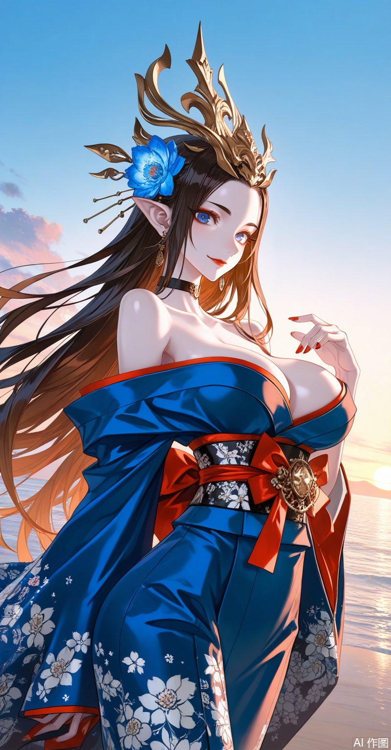 meidusha,1girl,pointy ears,solo,long hair,earrings,jewelry,curvy,mature_female,black hair,forehead,(crown:1.2),hair ornament,looking at viewer,brown hair,blue eyes,red lips,makeup,
1girl,breasts,solo,japanese clothes,kimono,smile,hair ornament,choker,large breasts,flower,looking at viewer,hair flower,wide sleeves,sash,earrings,blue kimono,jewelry,obi,floral print,sideboob,bare shoulders,black choker,off shoulder,long sleeves,alternate costume,
close-up details,outstanding style,adding a touch of dimension to your images without compromising details,whirls of vapor,iridescent textures,(Anime:1.1),ethereal ambiance,delicate details,magical high-concept,32K UHD,sharp focus,best-quality,masterpiece,golden hour,unconventional supreme masterpiece,masterful details,temperate atmosphere,with a high-end texture,in the style of fashion photography,photography,cover,dynamic angle,dynamic posture,(artist:quasarcake:0.8),extreme aesthetic,(wlop:0.6),(honjou raita, lack, rella:0.5, wanke),masterpiece,best quality,good quality,very aesthetic,absurdres,visual impact,a shot with tension,ultra-high resolution,32K UHD,sharp focus,best-quality,masterpiece,emotionalization,unconventional supreme masterpiece,masterful details,temperate atmosphere,with a high-end texture,in the style of fashion photography,(visual impact:1.2),giving the poster a dynamic and visually striking appearance,impactful picture,official art,colorful,splash of color,movie perspective,masterpiece,best quality,amazing quality,very aesthetic,absurdres,best quality,newest,