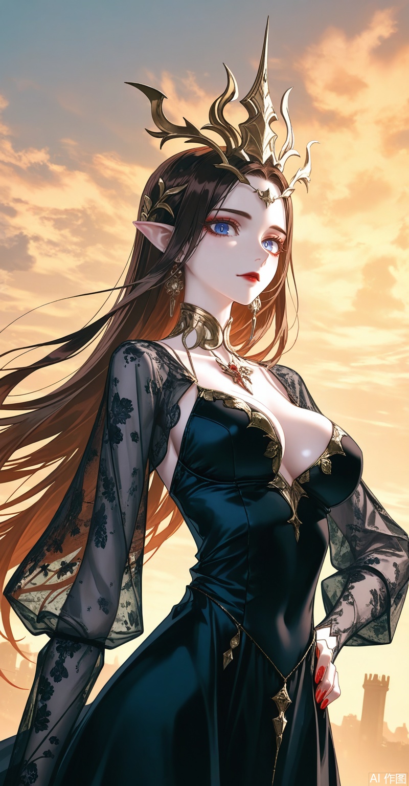 meidusha,1girl,pointy ears,solo,long hair,earrings,jewelry,curvy,mature_female,black hair,forehead,(crown:1.2),hair ornament,looking at viewer,brown hair,blue eyes,red lips,makeup,
1girl,solo,jewelry,earrings,see-through,dress,upper body,black dress,hand on own hip,breasts,see-through sleeves,close-up details,outstanding style,adding a touch of dimension to your images without compromising details,whirls of vapor,iridescent textures,(Anime:1.1),ethereal ambiance,delicate details,magical high-concept,32K UHD,sharp focus,best-quality,masterpiece,golden hour,unconventional supreme masterpiece,masterful details,temperate atmosphere,with a high-end texture,in the style of fashion photography,photography,cover,dynamic angle,dynamic posture,(artist:quasarcake:0.8),extreme aesthetic,(wlop:0.6),(honjou raita, lack, rella:0.5, wanke),masterpiece,best quality,good quality,very aesthetic,absurdres,visual impact,a shot with tension,ultra-high resolution,32K UHD,sharp focus,best-quality,masterpiece,emotionalization,unconventional supreme masterpiece,masterful details,temperate atmosphere,with a high-end texture,in the style of fashion photography,(visual impact:1.2),giving the poster a dynamic and visually striking appearance,impactful picture,official art,colorful,splash of color,movie perspective,masterpiece,best quality,amazing quality,very aesthetic,absurdres,best quality,newest,