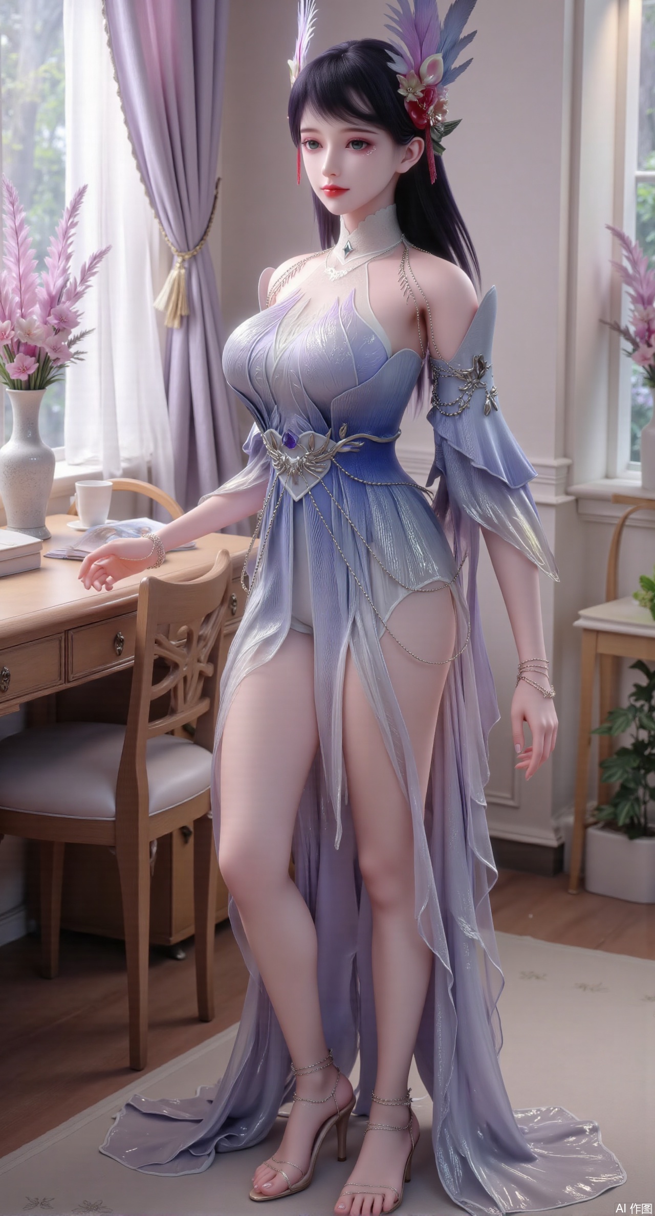 (masterpiece:1.2),Ultra clear, wallpaper, 8k, masterpiece, 1girl, solo, long hair, breasts, looking at viewer, bangs, large breasts,long dress,, bare shoulders, jewelry, black hair, standing, purple eyes, full body, flower, thighs, indoors, hair bun, long dress, high heels, cup, see-through, book, bare legs, window, table, white footwear, standing on one leg, curtains, pink flower, side slit, vase, ,(huge breasts:2.99),(full breasts:2.99),Xqianqianmeinu,Xmoxionghanfu,Xleisiqipao,Xxeushengxiaofu,XlinziyueY2,Xsongmoxionghanfu