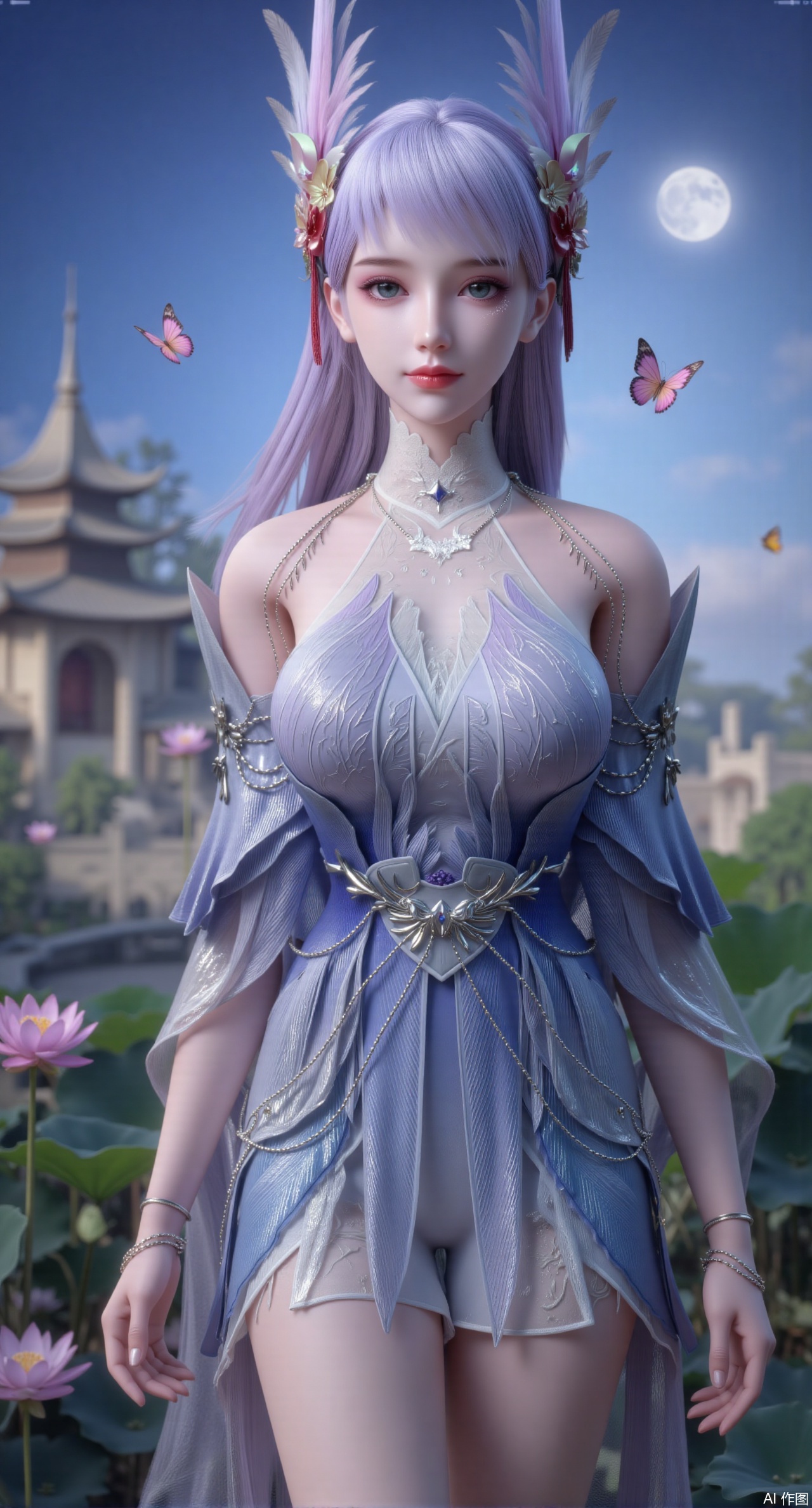 (masterpiece, best quality:1.2), highres, extremely detailed, 1girl,(long hair:1.26),School Uniform,looking at viewer, whole body,(big breasts:2.69),Depth of field, (butterflies, ultra detailed, glary,Light, light particles,glitter,reflect:1.29),(huge breasts:2.99), (full breasts:2.99),background, solo, makeup,(Lotus,Water Lily,Blue sky,full moon:1.39),(Lotus pond,ancient Chinese architecture:1.39),,,Xqianqianmeinu,Xmoxionghanfu,Xleisiqipao,Xxeushengxiaofu,XlinziyueY2,Xsongmoxionghanfu