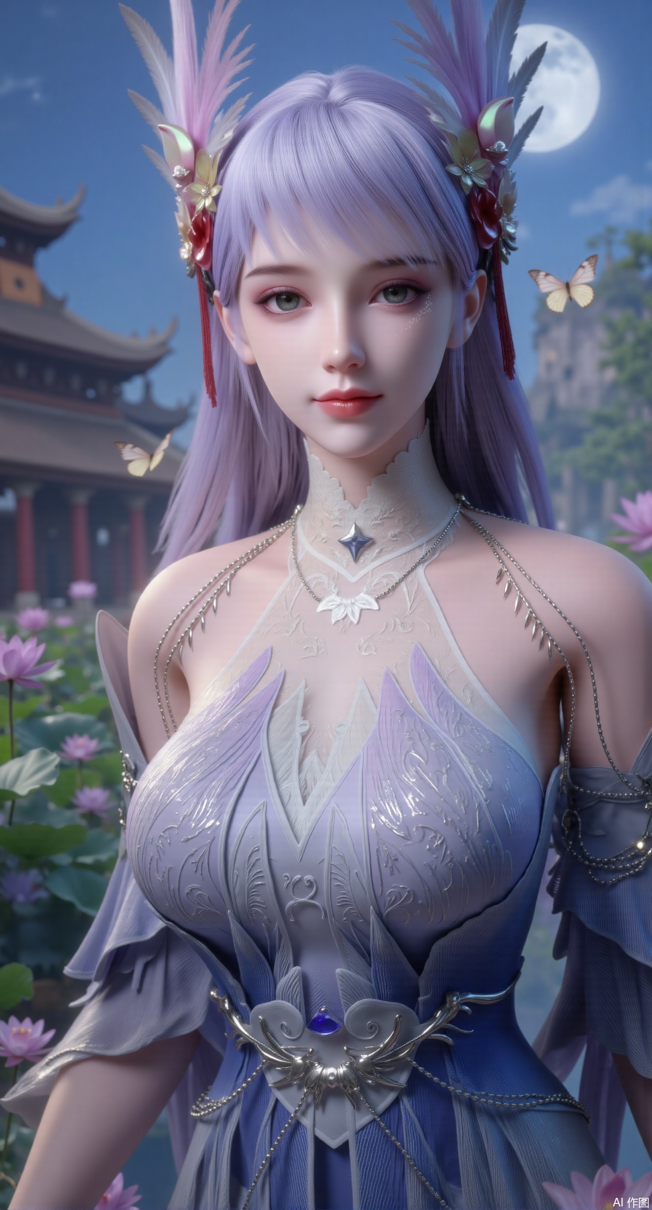 (masterpiece, best quality:1.2), highres, extremely detailed, 1girl,(long hair:1.26),School Uniform,looking at viewer, whole body,(big breasts:2.69),Depth of field, (butterflies, ultra detailed, glary,Light, light particles,glitter,reflect:1.29),(huge breasts:2.99), (full breasts:2.99),background, solo, makeup,(Lotus,Water Lily,Blue sky,full moon:1.39),(Lotus pond,ancient Chinese architecture:1.39),,,Xqianqianmeinu,Xmoxionghanfu,Xleisiqipao,Xxeushengxiaofu,XlinziyueY2,Xsongmoxionghanfu