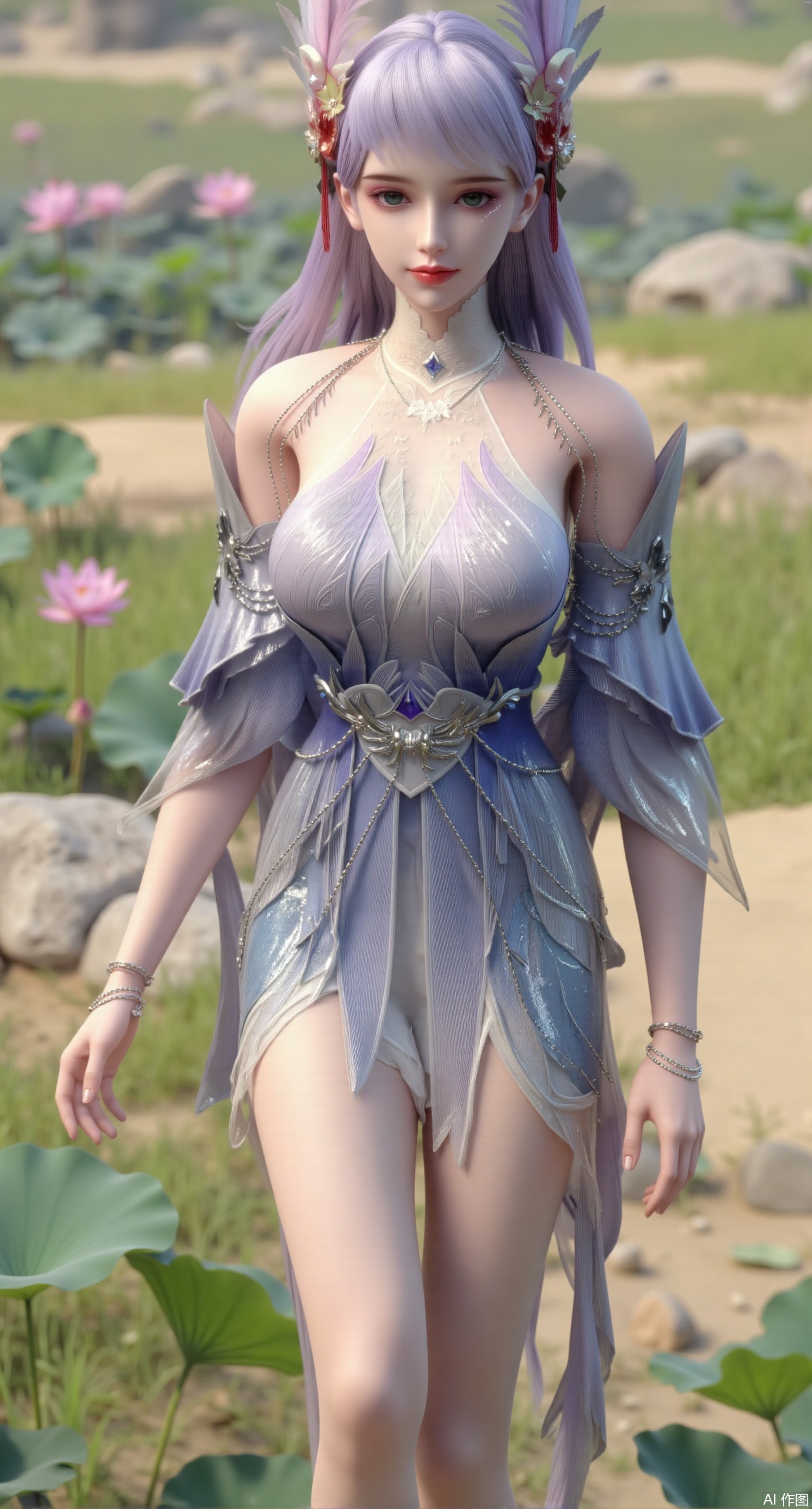 (masterpiece:1.2),best quality, (UE5.5,rendered with Unreal Engine 5,Unreal Engine 5,CG rendering), (masterpiece:1.2),,1girl,solo,standing,looking at viewer,(cowboy_shot:1.3),black hair,long hair,high heels,blurry background,depth of field,motion blur,short dress,china_dress,chinese_style,bare shouders,crystal_earrings,headpiece,hair_tie,chest_jewel,gem,necklace,jewelry,in summer,day,outdoors,nature,sea,(beach:1.4),(huge breasts:2.99),(full breasts:2.99),(lotus pond and pink lotus flowers:1.59),,(very long legs,Diamond-studded high heels:1.5),Xqianqianmeinu,Xmoxionghanfu,Xleisiqipao,Xxeushengxiaofu,XlinziyueY2,Xsongmoxionghanfu