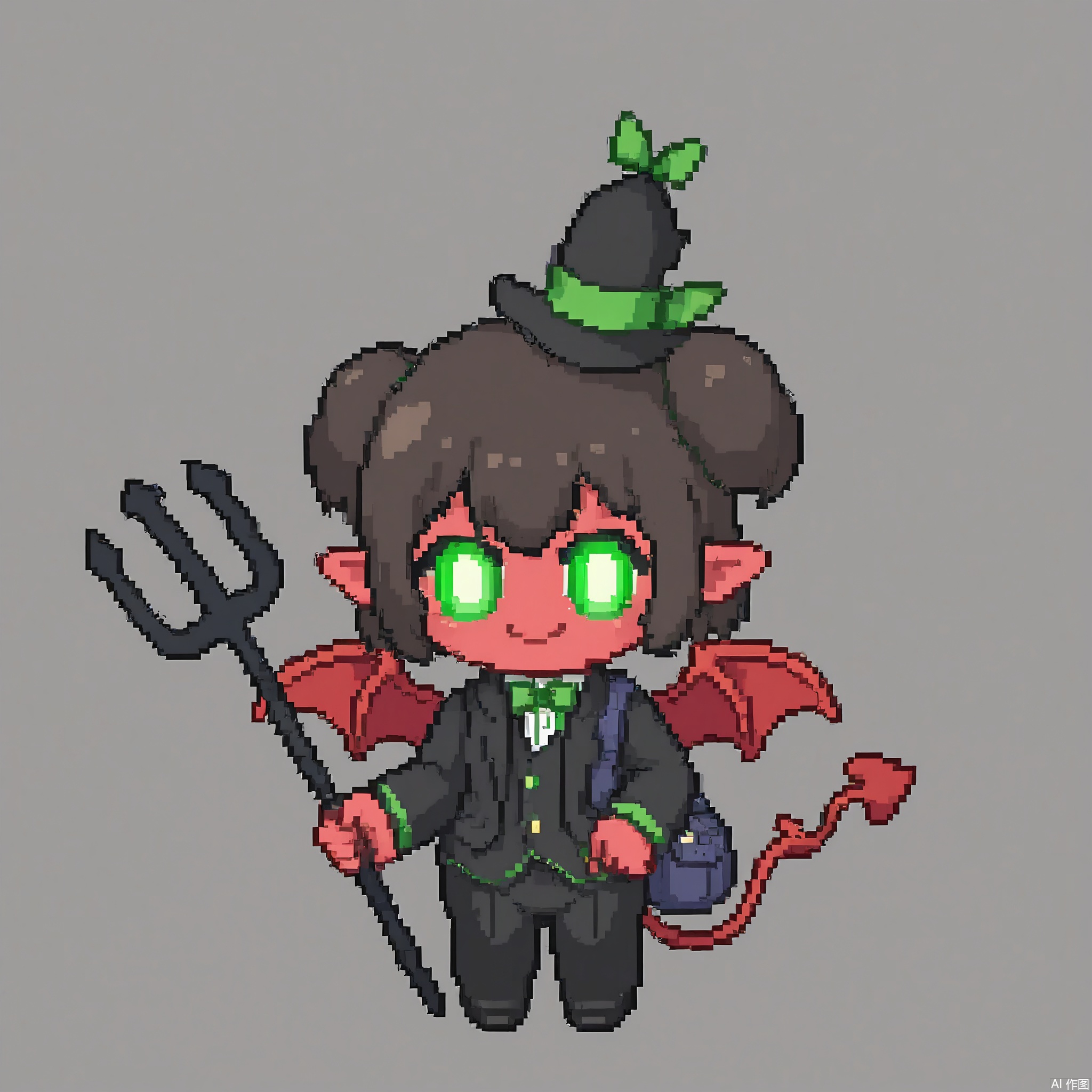 XSRW, Chibi-style drawing of a mischievous imp with small, red wings and a pointed tail. He is wearing a green and black outfit with a small hat. He holds a pitchfork in one hand and a bag of tricks in the other. The background is plain white. The art style is pixel art with a simple, cute aesthetic. The imp has a grinning face and mischievous, glowing eyes.
