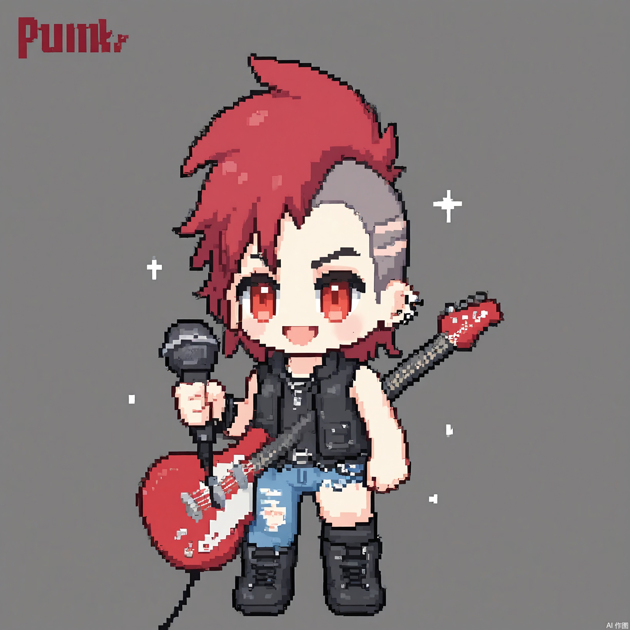 XSRW, Chibi-style drawing of a punk rocker with a mohawk and multiple piercings. He is wearing a black leather vest, ripped jeans, and combat boots. He holds an electric guitar in one hand and a microphone in the other. The background is plain white. The art style is pixel art with a simple, cute aesthetic. The punk rocker has a rebellious, energetic expression and a wild, untamed look.
