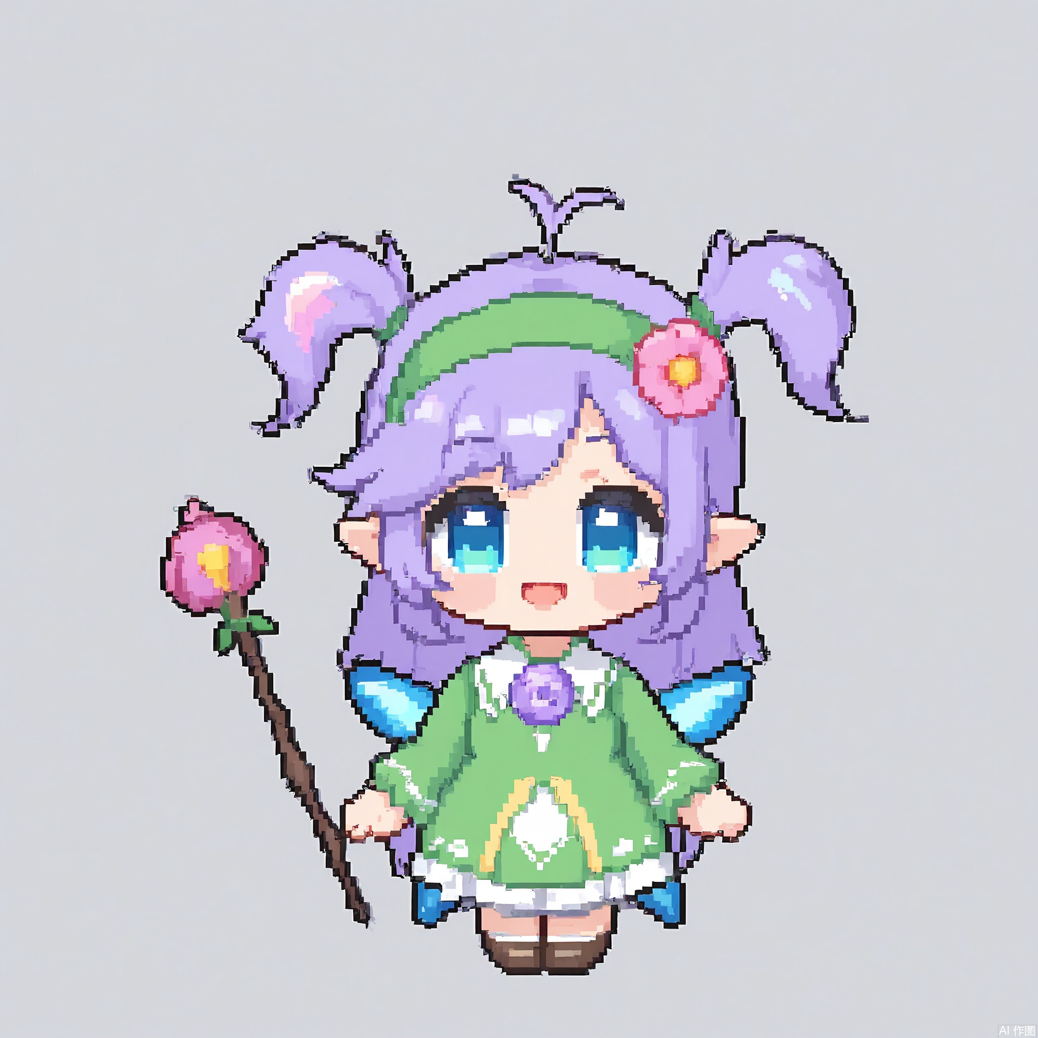 XSRW, Chibi-style drawing of a cheerful fairy with small, iridescent wings and a flower in her hair. She is wearing a short, green dress with a matching headband. She holds a wand with a star on top in one hand and a basket of flowers in the other. The background is plain white. The art style is pixel art with a simple, cute aesthetic. The fairy has a bright, bubbly smile and a carefree, playful attitude.
