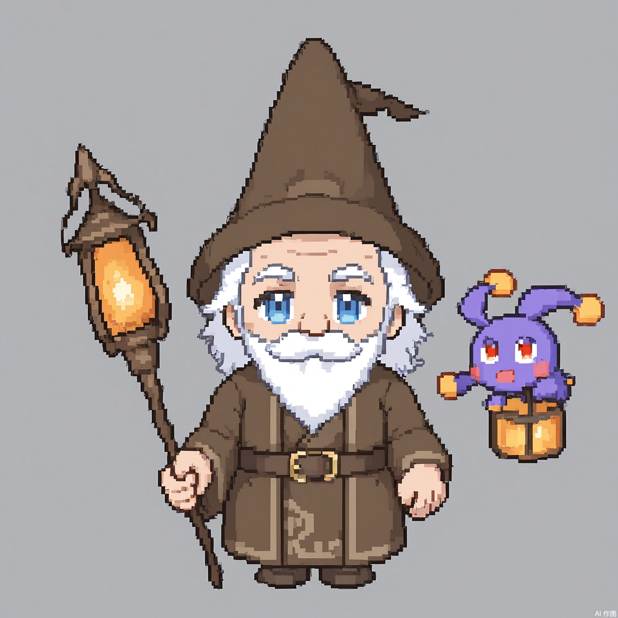 XSRW, Chibi-style drawing of a wise old man with a long, white beard and a pointy hat. He is wearing a brown robe with a belt and a staff. He holds a scroll in one hand and a lantern in the other. The background is plain white. The art style is pixel art with a simple, cute aesthetic. The old man has a kind, understanding smile and wise, twinkling eyes.
