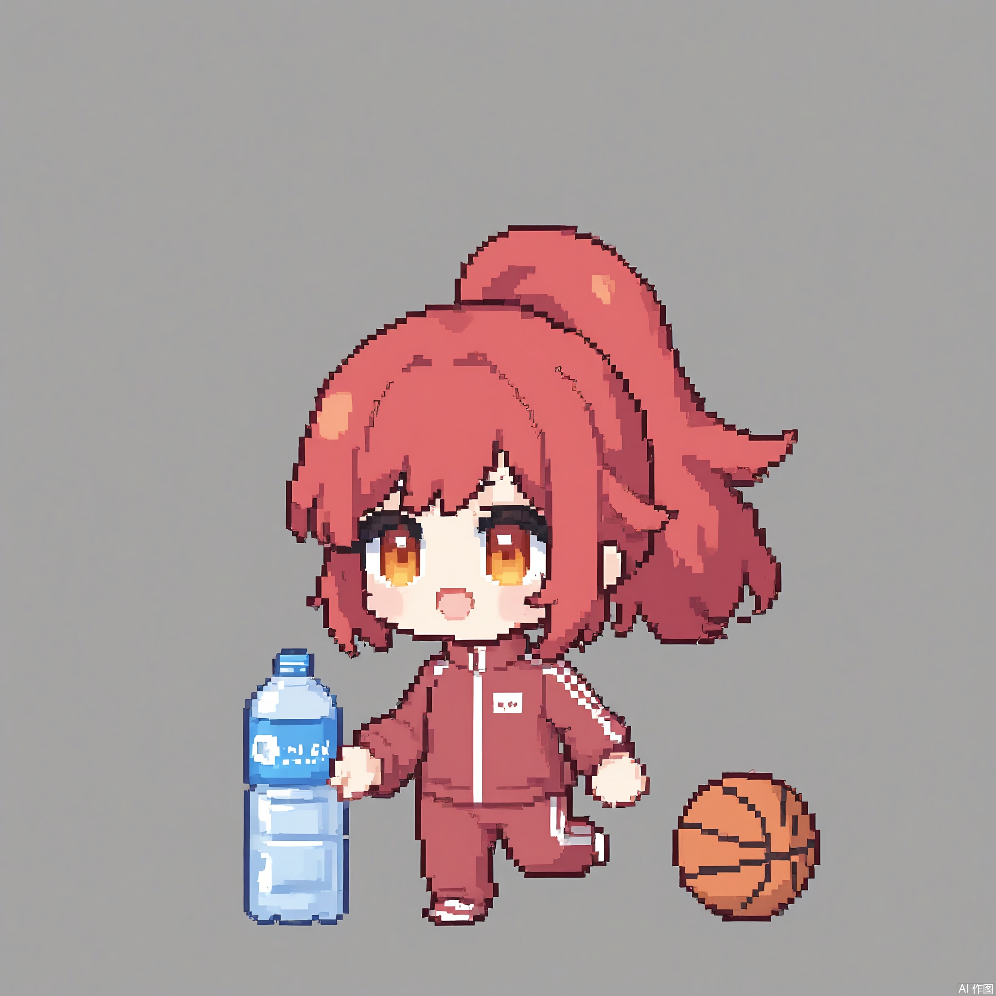XSRW, Chibi-style drawing of a sporty girl with a ponytail and bright red hair. She is wearing a blue and white track suit with running shoes. She holds a basketball in one hand and a water bottle in the other. The background is plain white. The art style is pixel art with a simple, cute aesthetic. The girl has a determined, focused expression and a determined stride.
